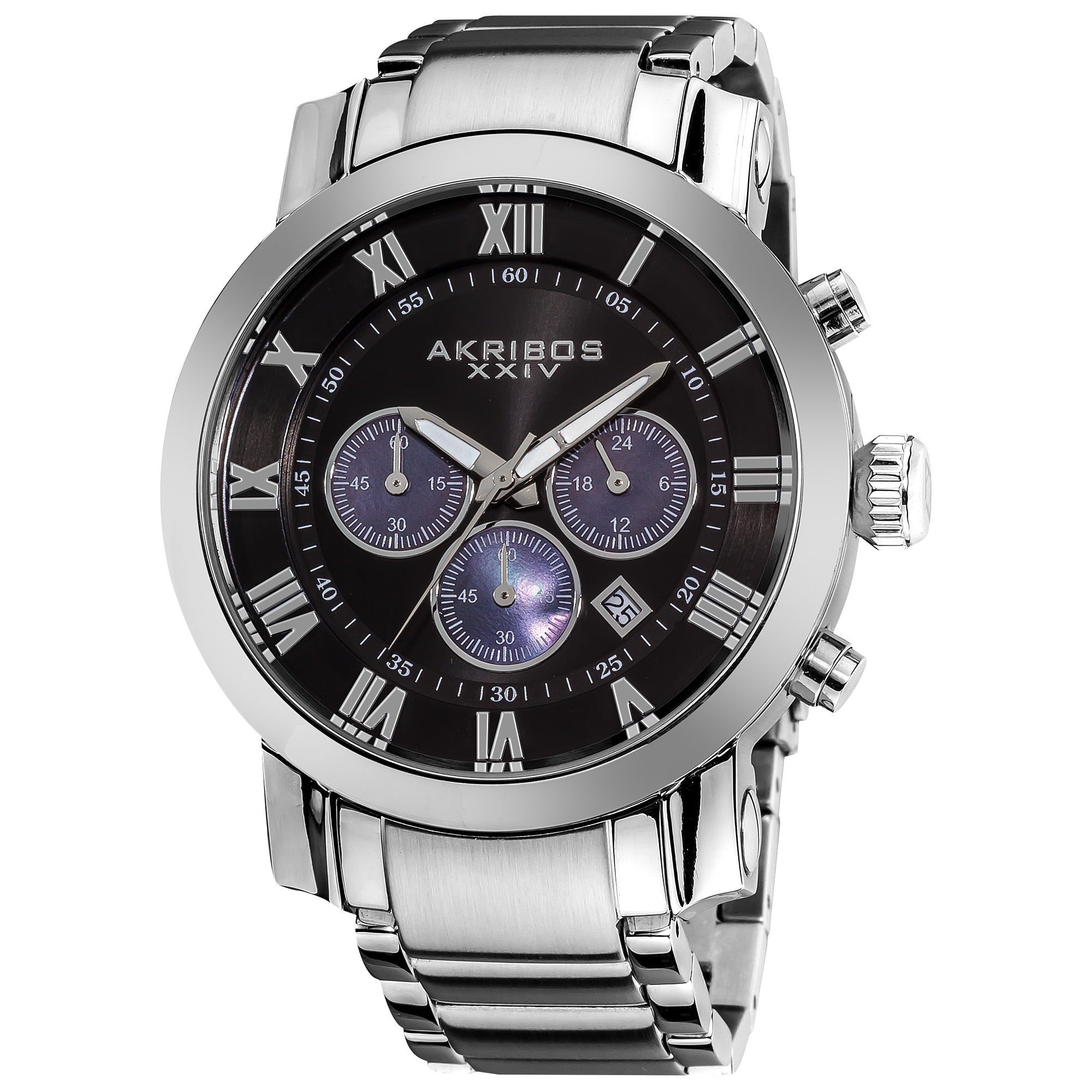 Akribos Xxiv Mens Chronograph Black Dial Stainless Steel Silver Tone Bracelet Watch