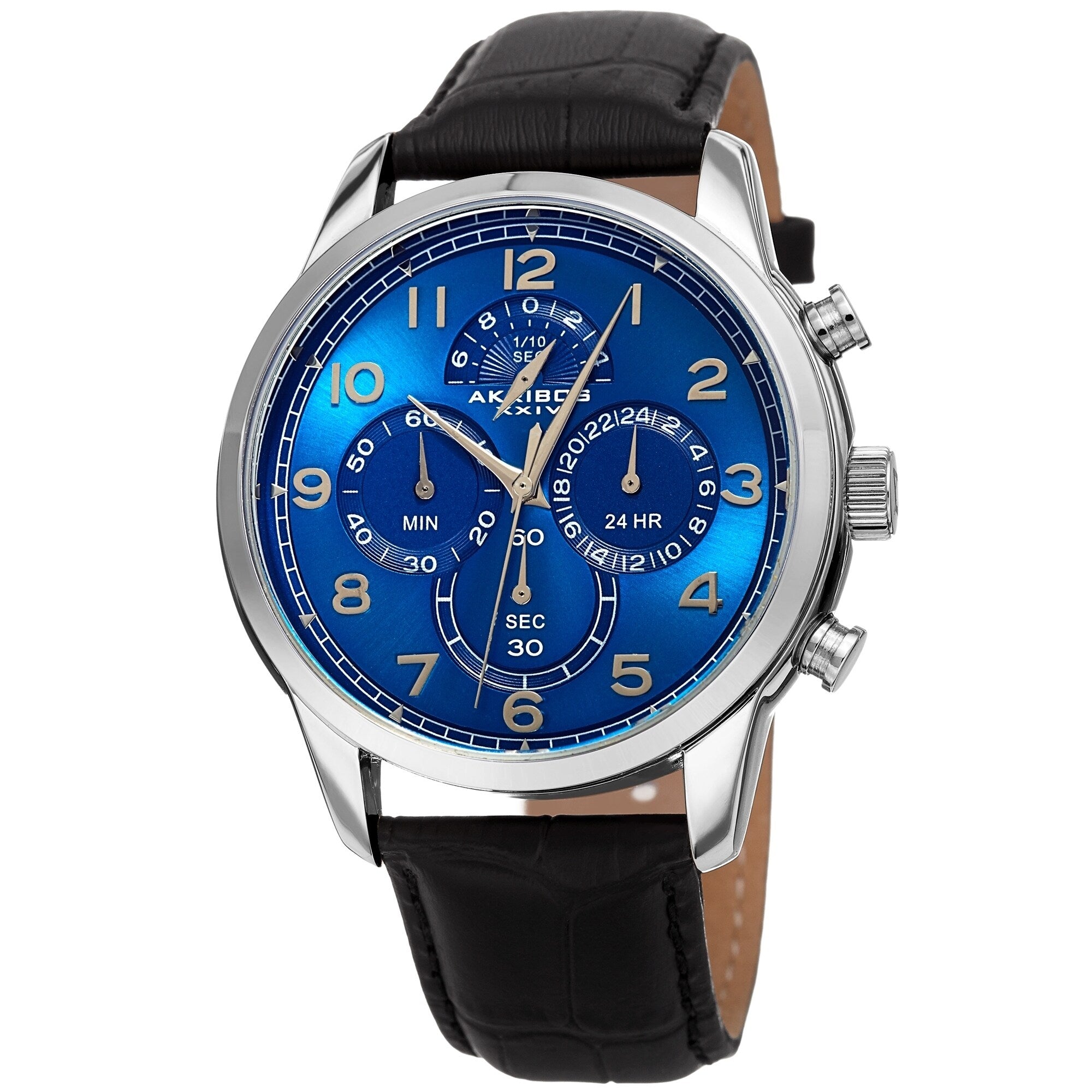 Akribos Xxiv Mens Chronograph Classic Blue Black Leather Strap Watch
