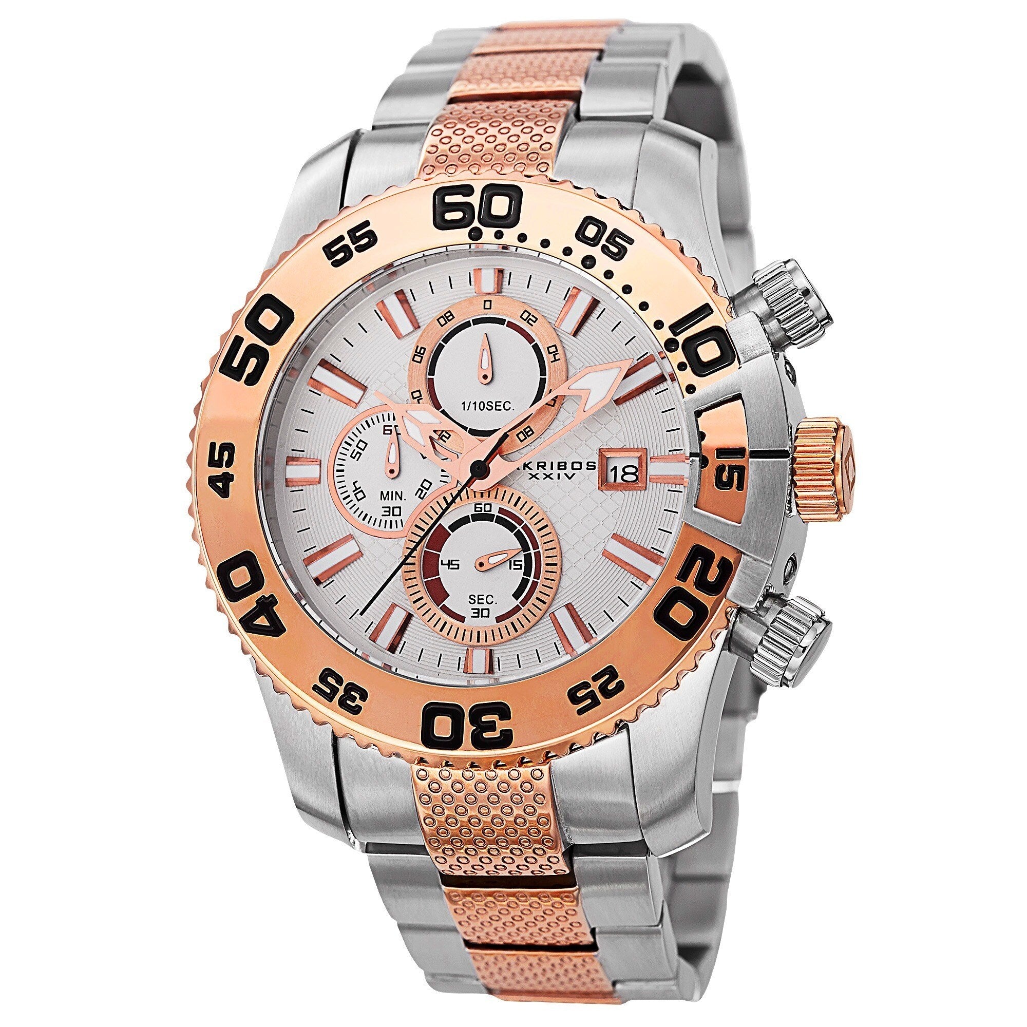 Akribos Xxiv Mens Chronograph Embossed Dial Stainless Steel Two Tone Bracelet Watch