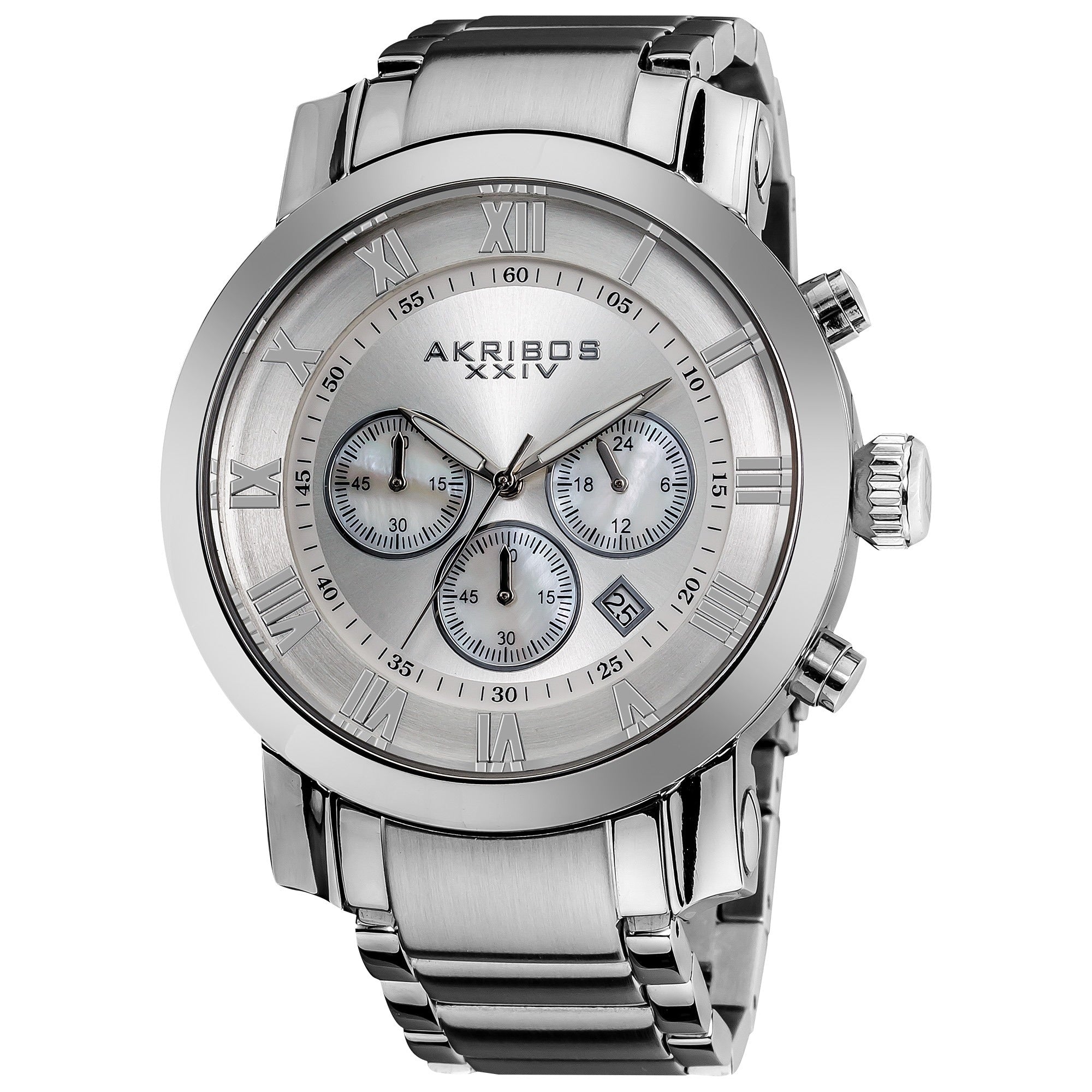 Akribos Xxiv Mens Chronograph Roman Numeral Stainless Steel Silvertone Bracelet Watch