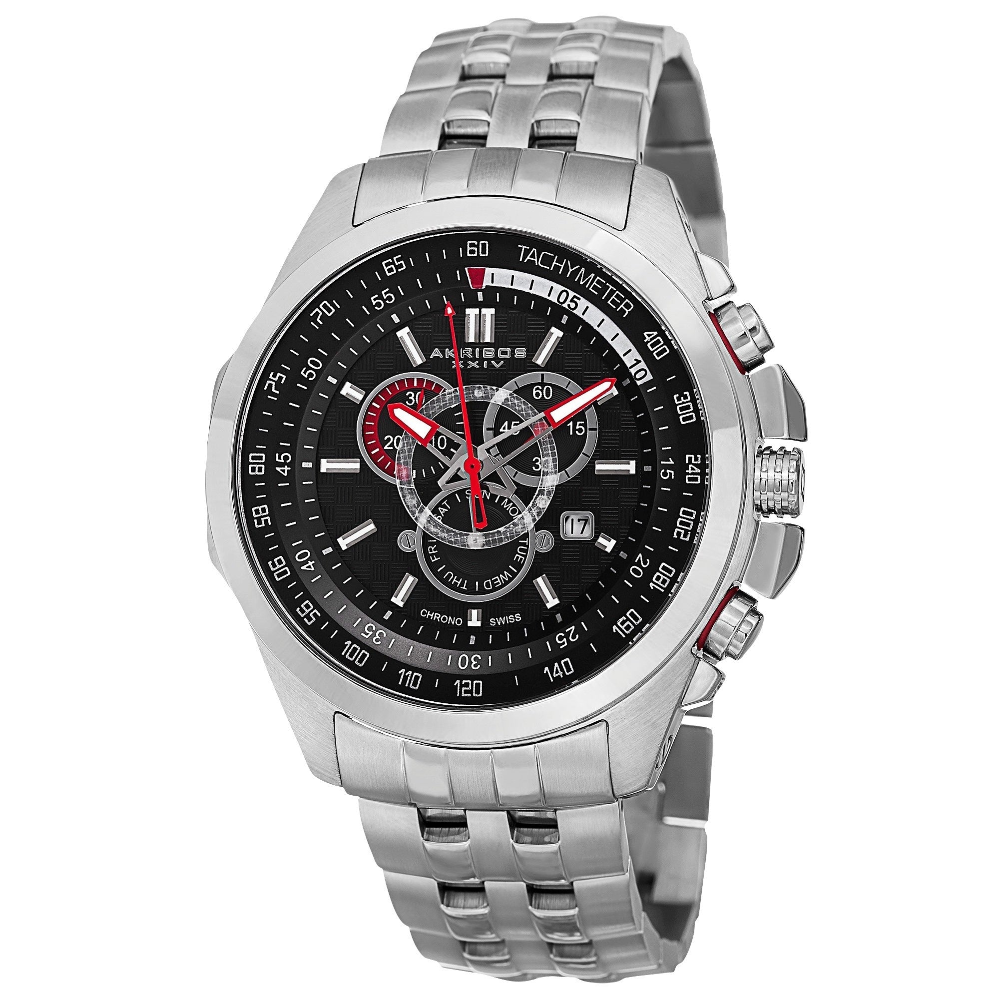 Akribos Xxiv Mens Chronograph Tachymeter Stainless Steel Silver Tone Bracelet Watch