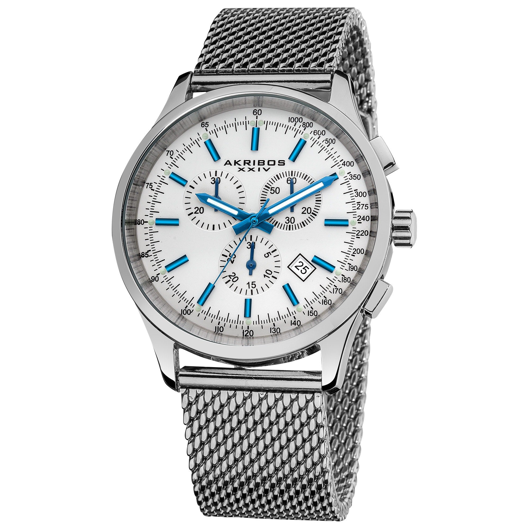 Akribos Xxiv Mens Chronograph Tachymeter Stainless Steel White Dial Silver Tone Bracelet Watch