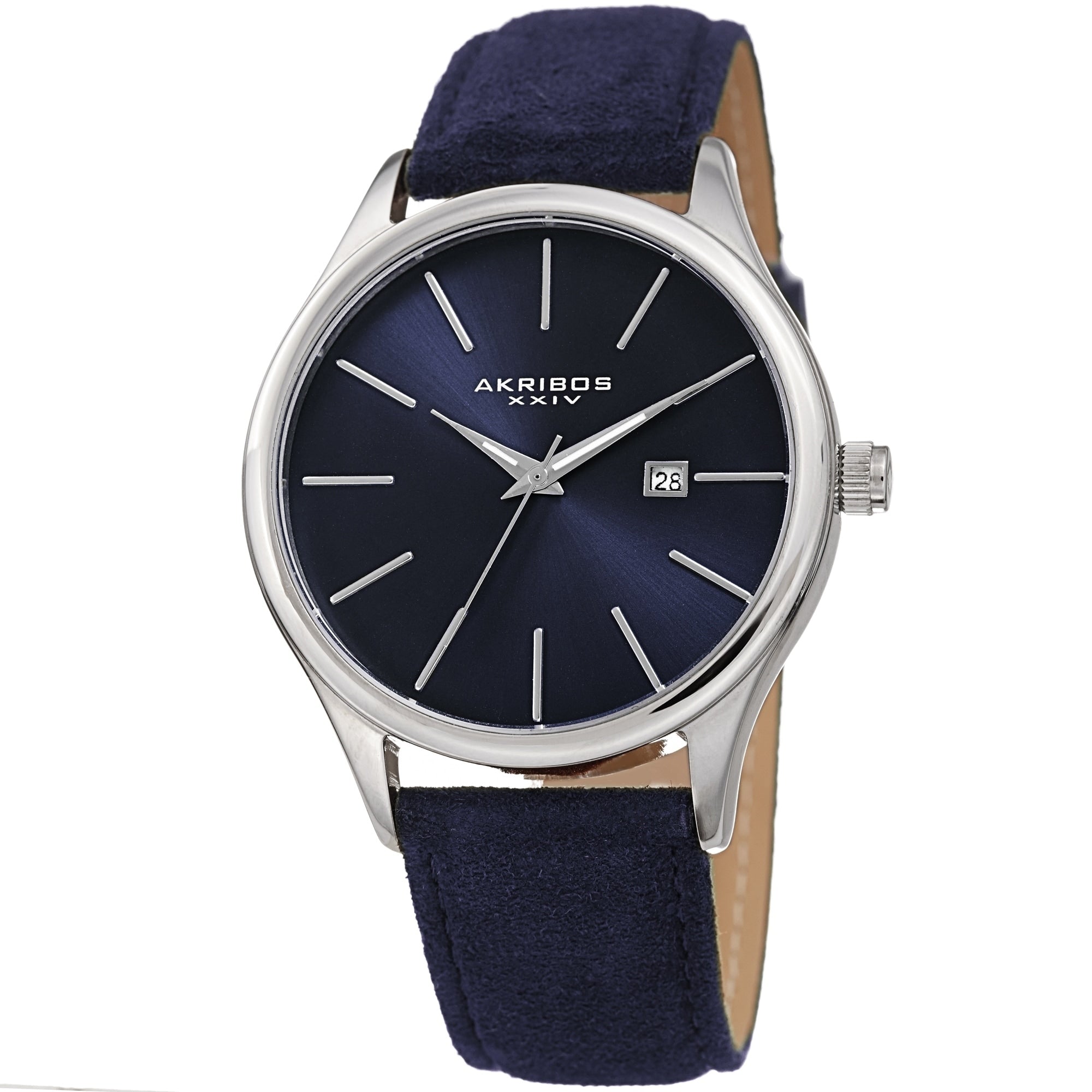 Akribos Xxiv Mens Classic Date Blue Suede Leather Strap Watch