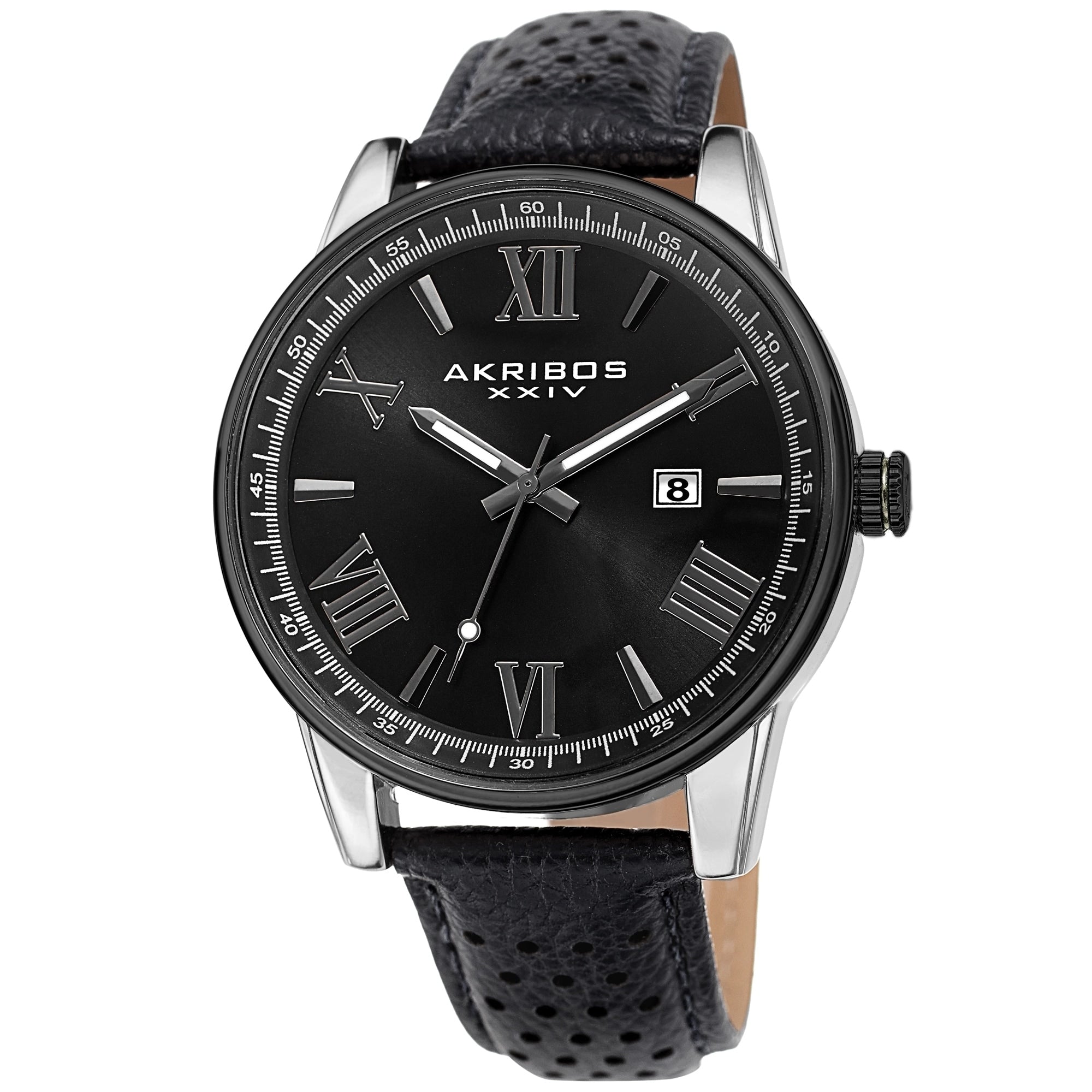 Akribos Xxiv Mens Classic Perforated Black Leather Strap Watch