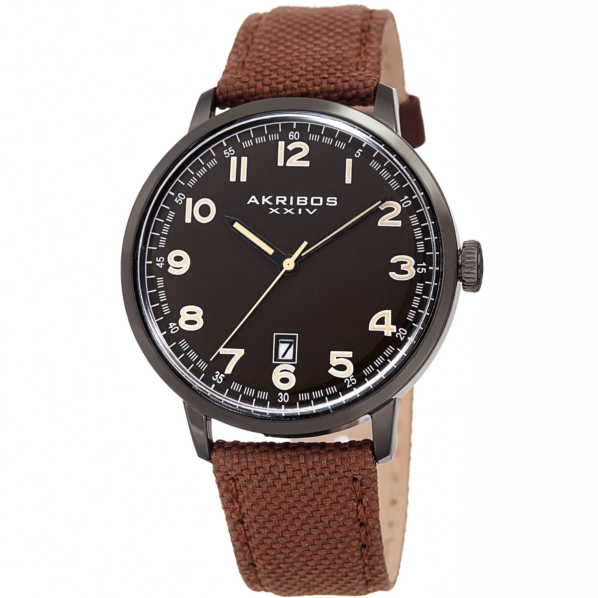 Akribos Xxiv Mens Date Brown Canvas Leather Strap Watch