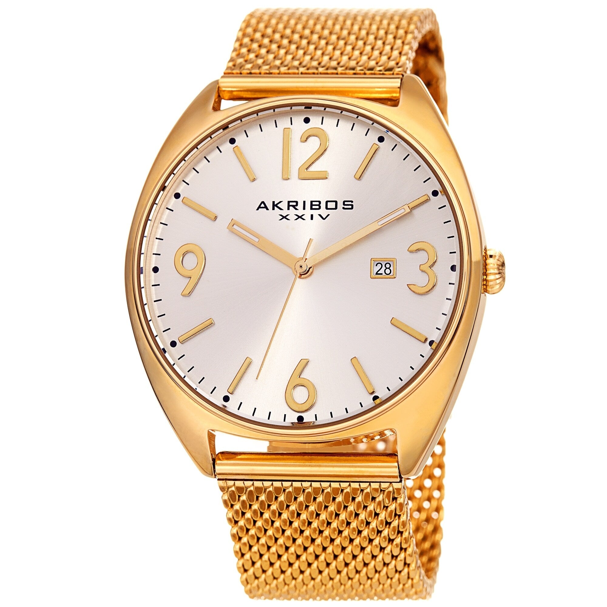 Akribos Xxiv Mens Date Gold Tone Stainless Steel Mesh Strap Watch