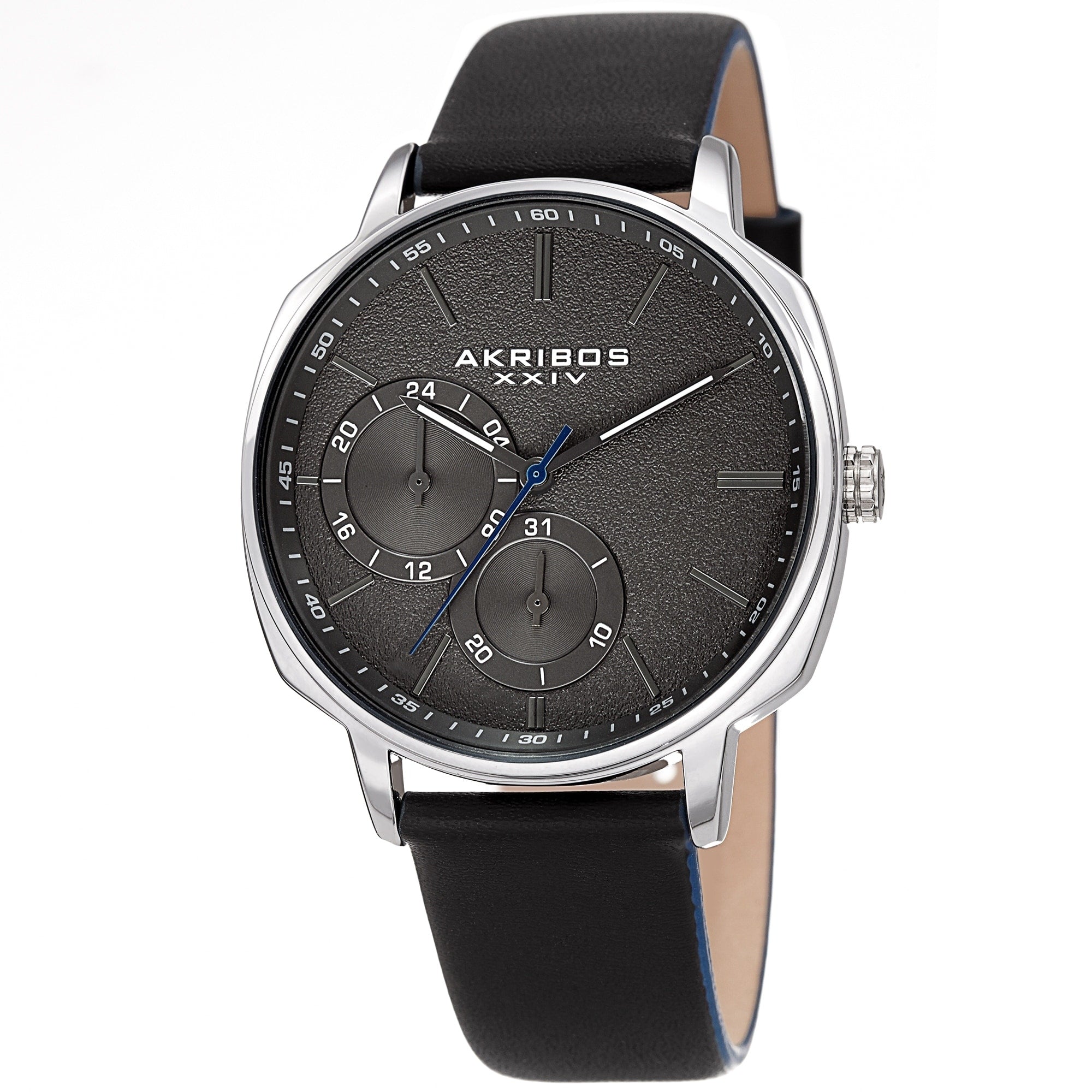 Akribos Xxiv Mens Date Grained Dial Black Leather Strap Watch
