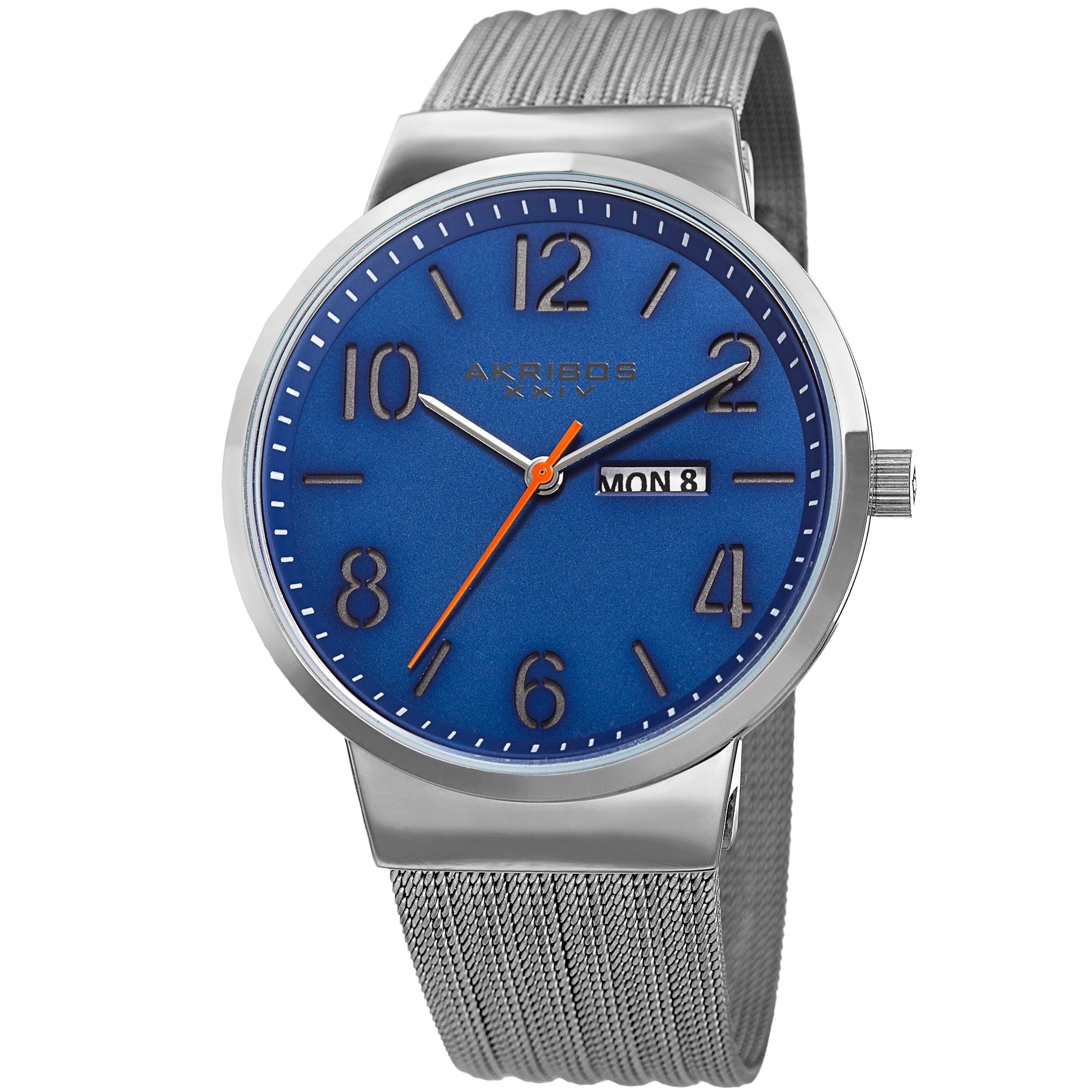 Akribos Xxiv Mens Date Stencil Style Silver Tone Mesh Bracelet Watch