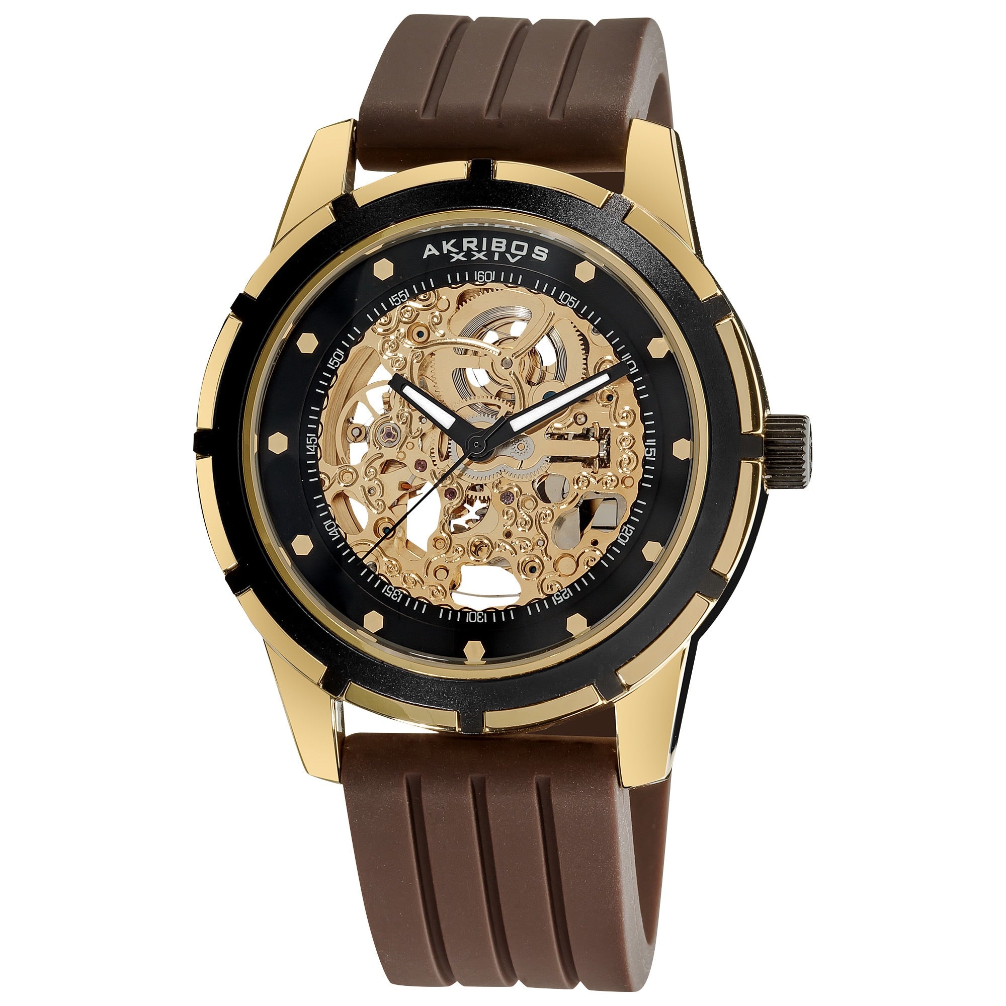 Akribos Xxiv Mens Delos Skeleton Automatic Gold Tone Watch