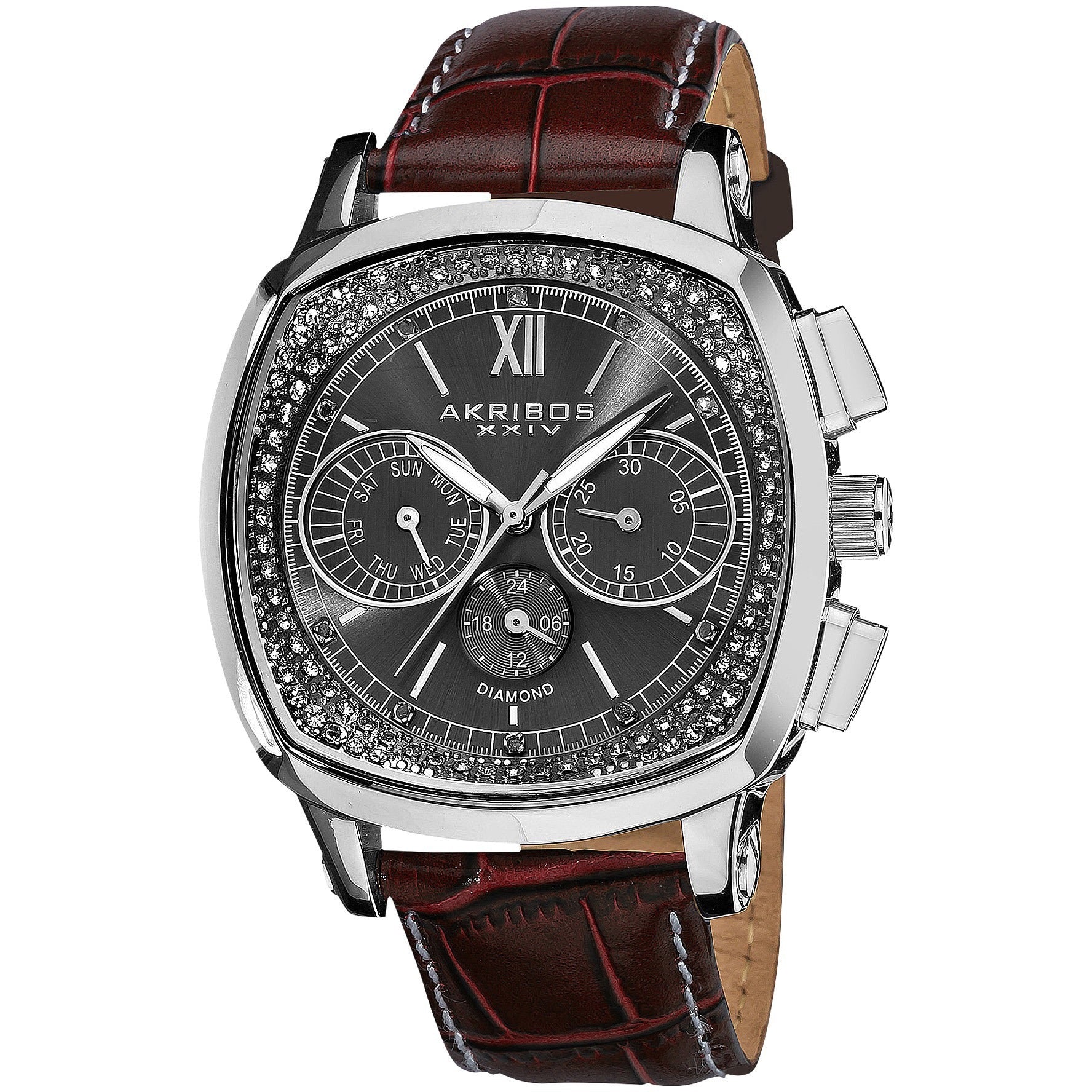 Akribos Xxiv Mens Diamond Dual Time Swiss Quartz Leather Brown Strap Watch