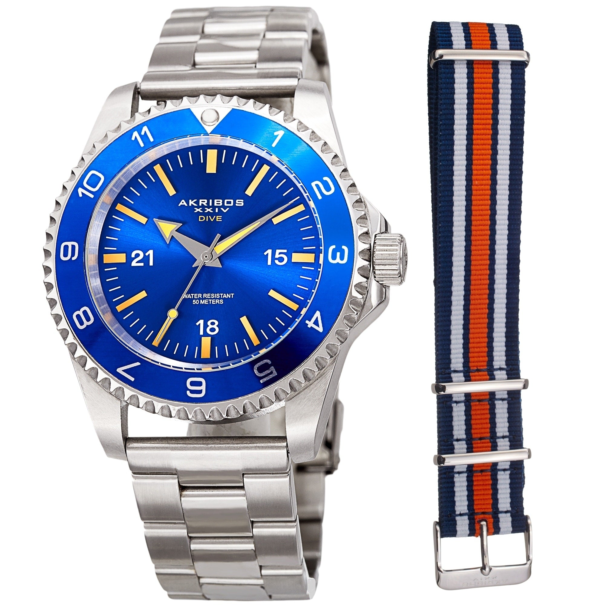 Akribos Xxiv Mens Diver Style Quartz Interchangeable Blue Silver Tone Bracelet Watch