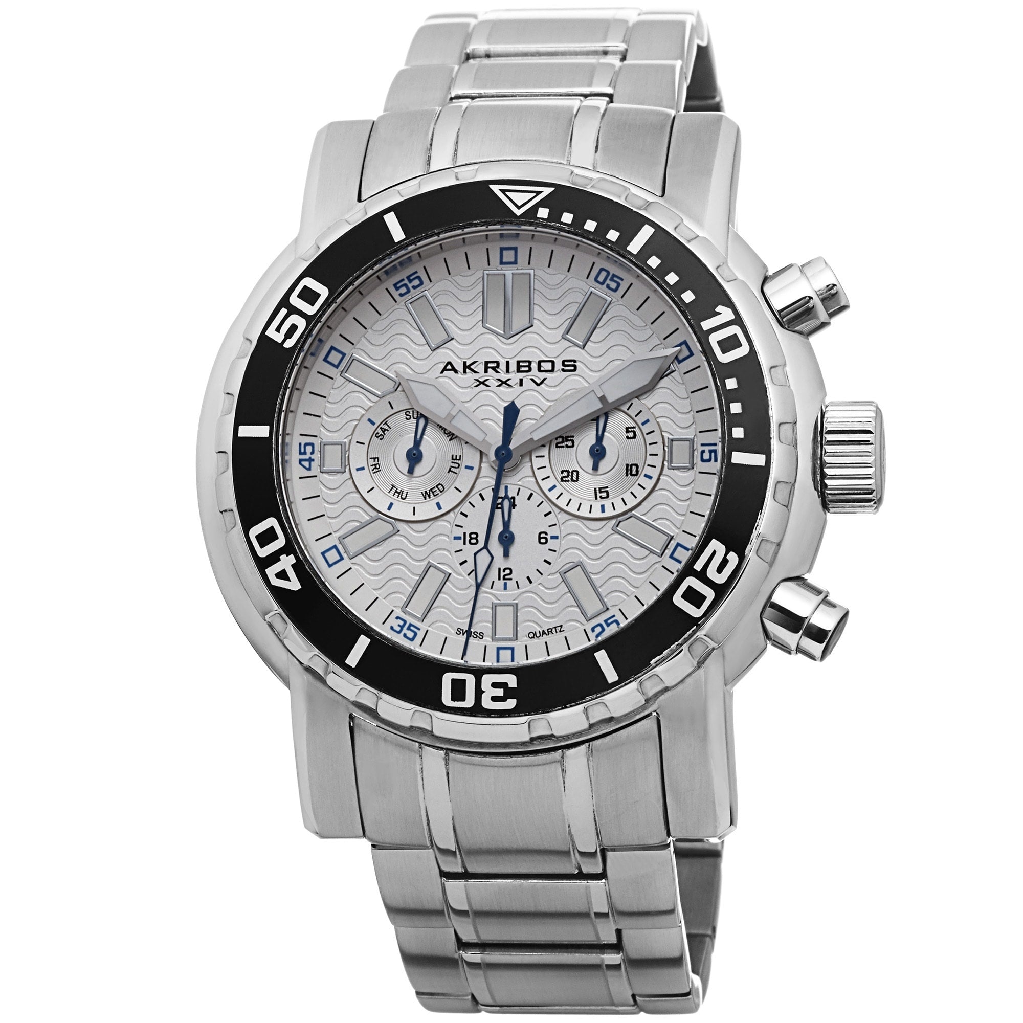 Akribos Xxiv Mens Embossed Dial Multifunction Stainless Steel White Bracelet Watch