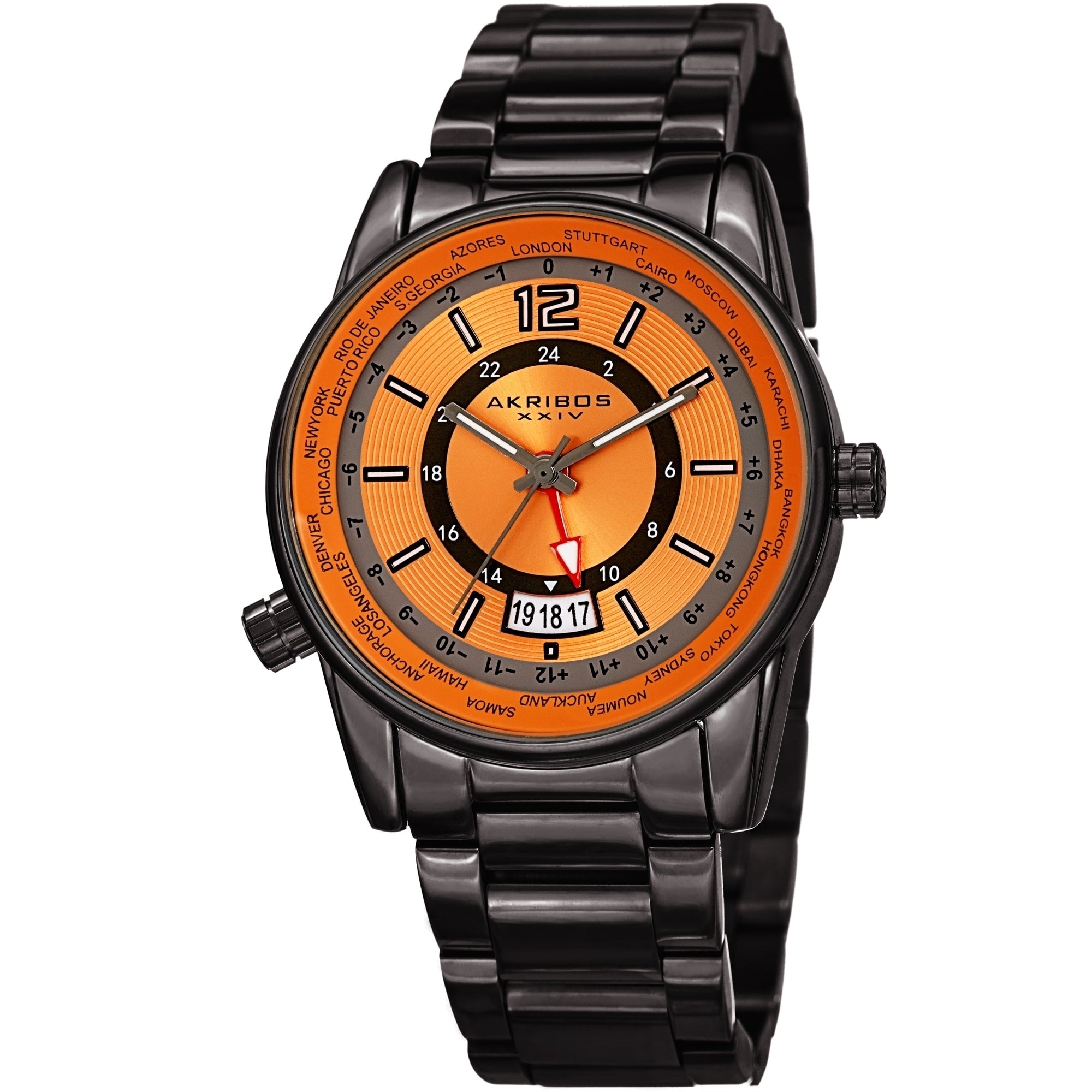 Akribos Xxiv Mens Gmt Date World Timer Grey Bracelet Watch