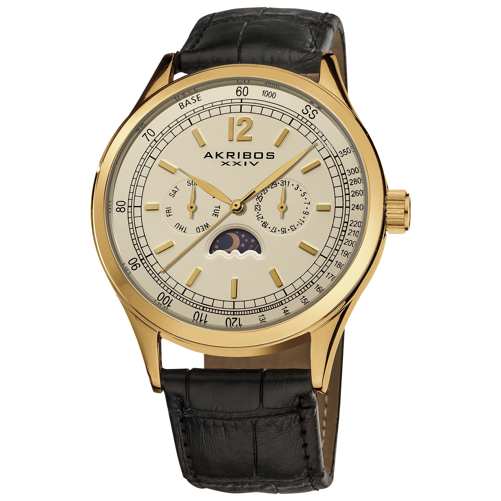 Akribos Xxiv Mens Goldtone Swiss Quartz Moon Phase Leather Strap Watch