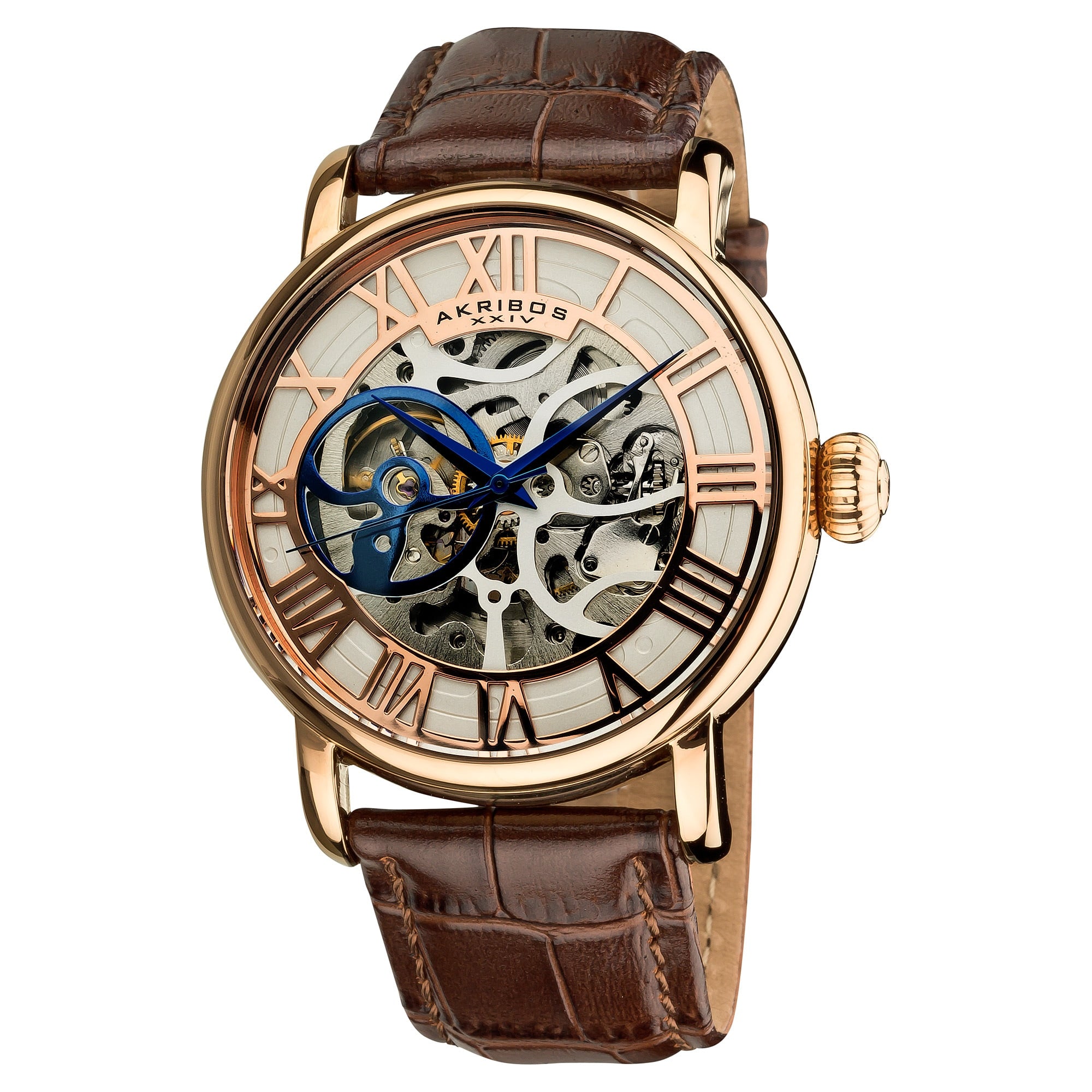 Akribos Xxiv Mens Mechanical Skeleton Round Leather Rose Tone Strap Watch Brown