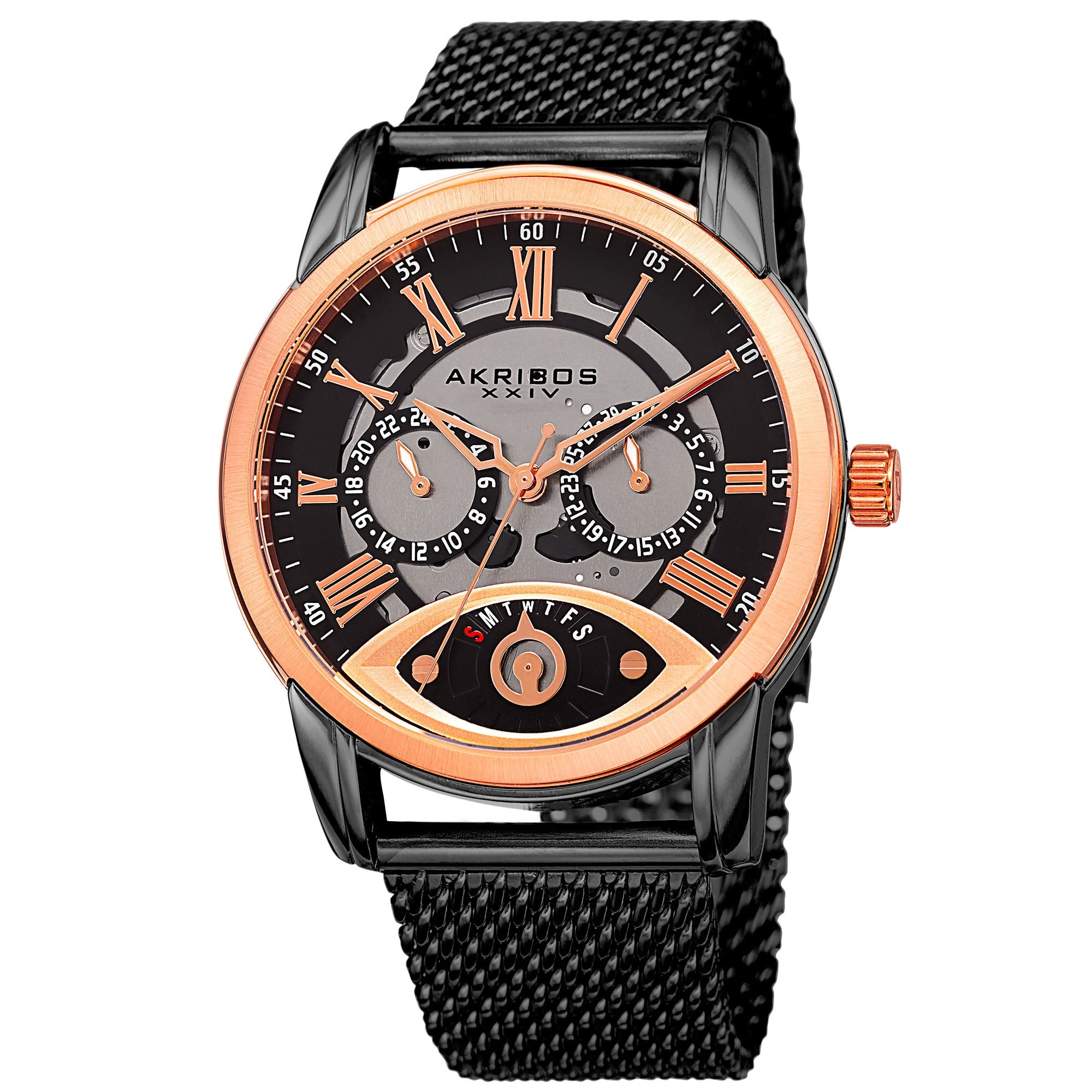 Akribos Xxiv Mens Multifunction Step Dial Stainless Steel Mesh Black Bracelet Watch