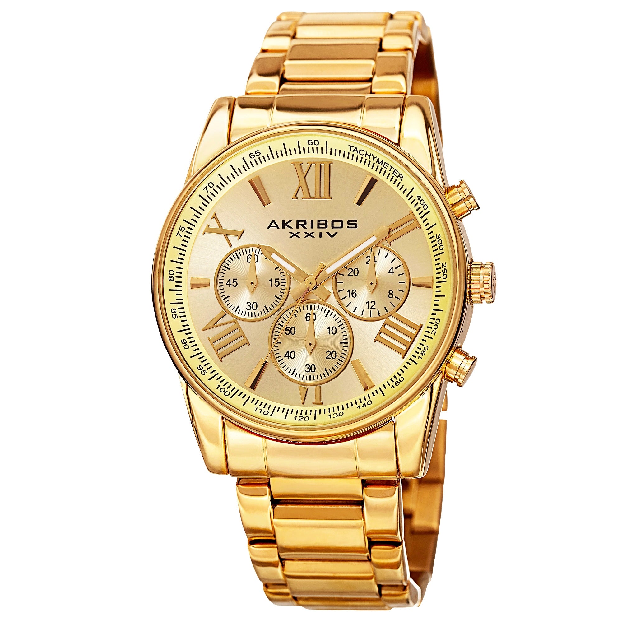 Akribos Xxiv Mens Multifunction Tachymeter Stainless Steel Gold Tone Bracelet Watch Gold