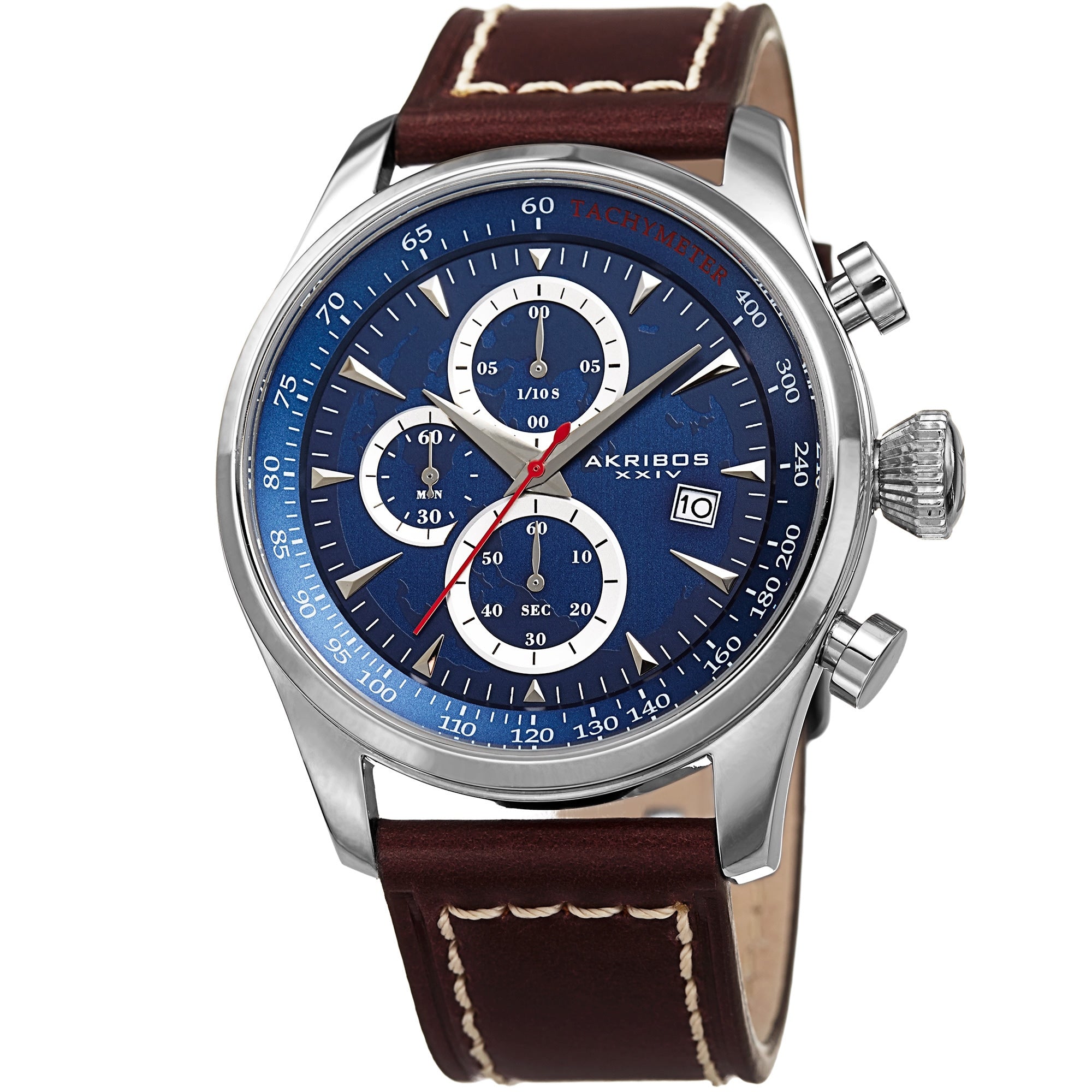 Akribos Xxiv Mens Quartz Chronograph Blue Leather Strap Watch