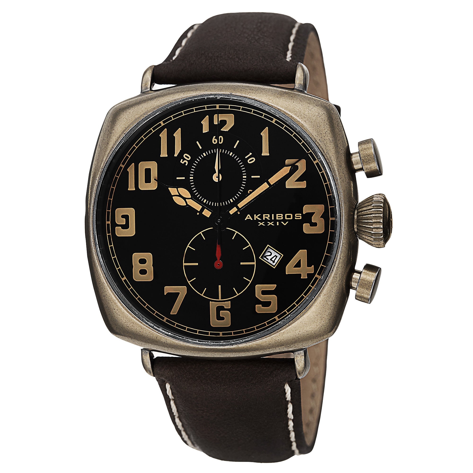 Akribos Xxiv Mens Quartz Chronograph Date Display Leather Gold Tone Strap Watch