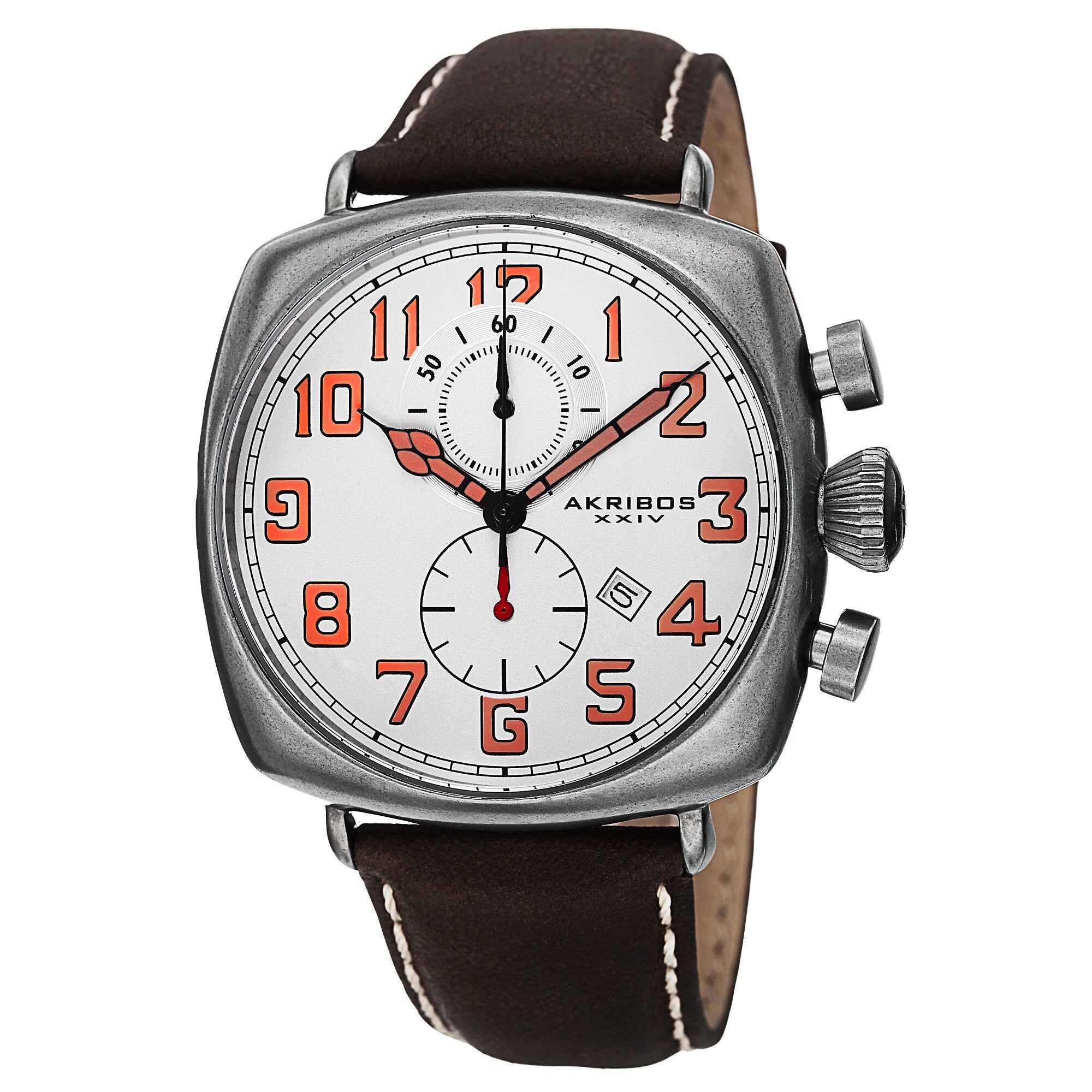 Akribos Xxiv Mens Quartz Chronograph Date Display Leather White Strap Watch