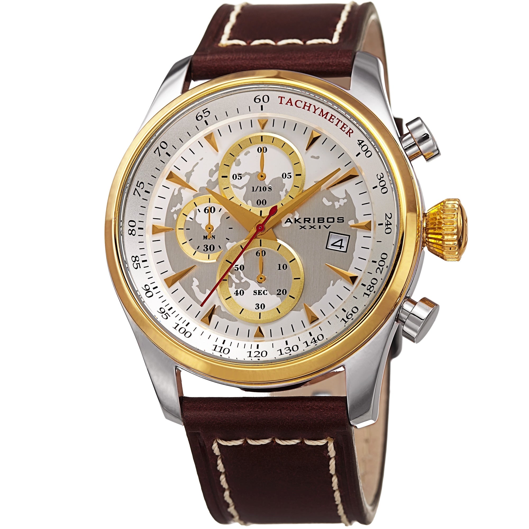 Akribos Xxiv Mens Quartz Chronograph Gold Tone Leather Strap Watch