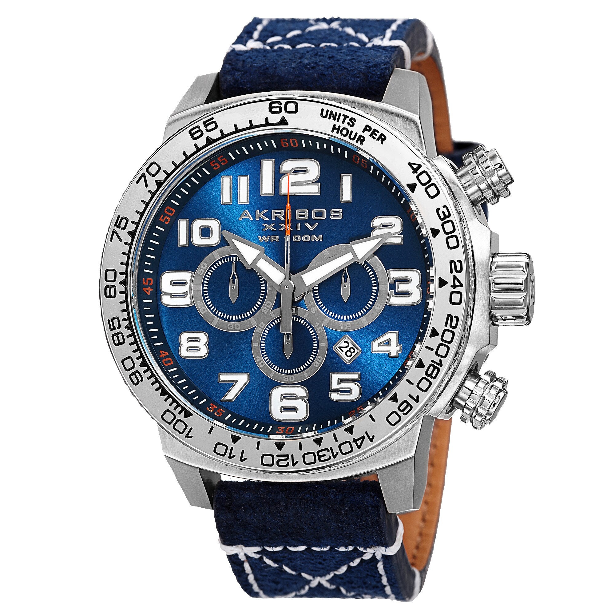 Akribos Xxiv Mens Quartz Chronograph Leather Silver Tone Strap Watch Blue