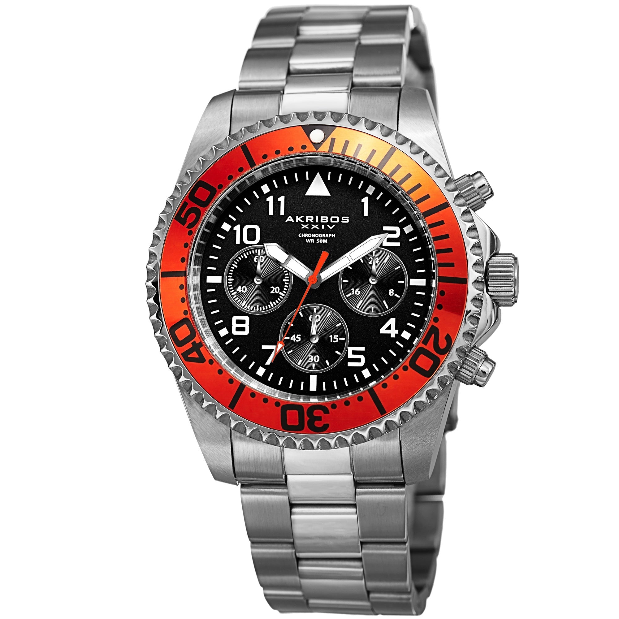 Akribos Xxiv Mens Quartz Chronograph Silver Tone Orange Stainless Steel Bracelet Watch