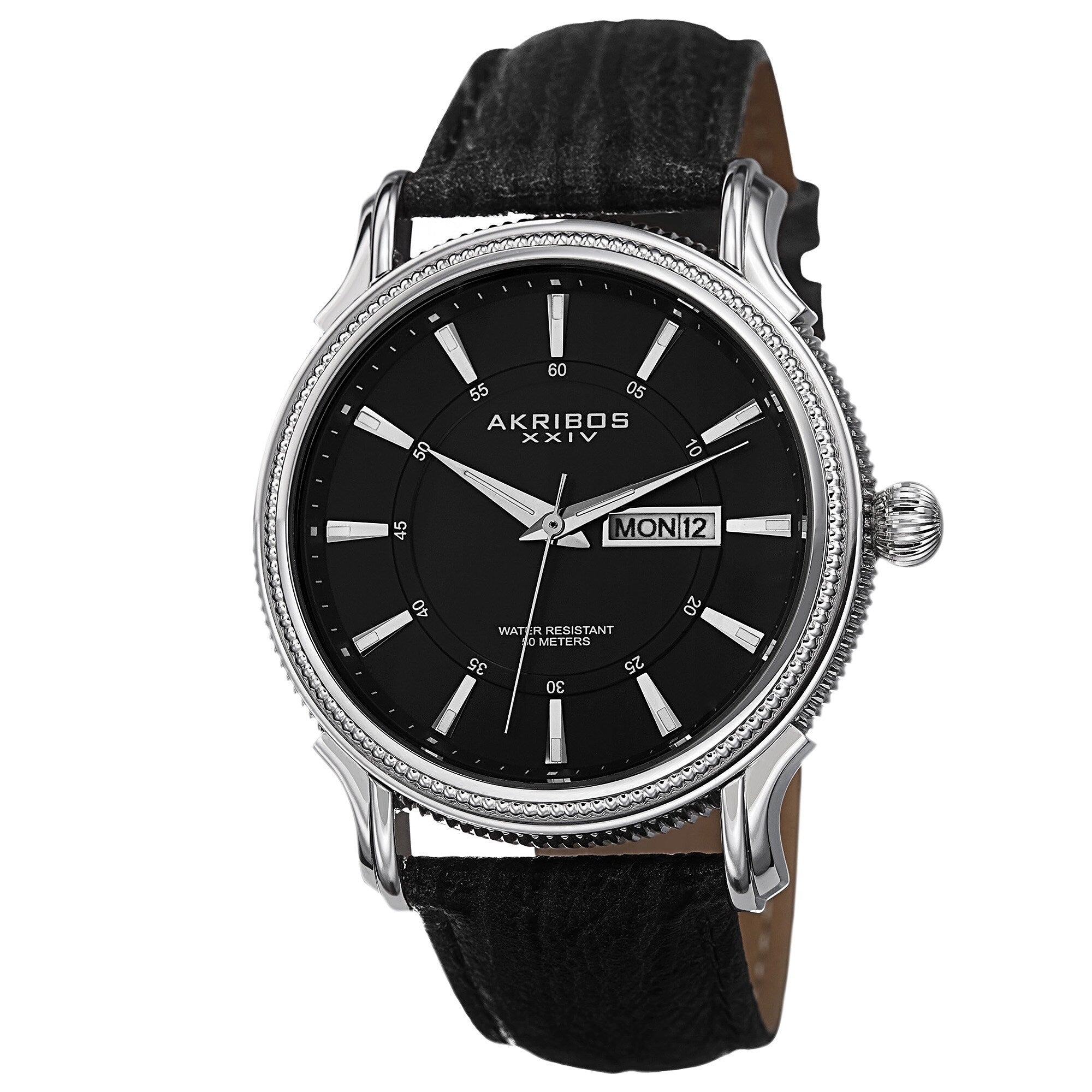 Akribos Xxiv Mens Quartz Coin Edge Bezel Leather Silver Tone Strap Watch