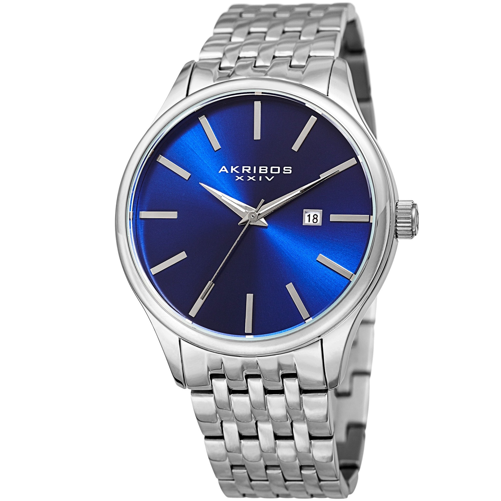 Akribos Xxiv Mens Quartz Date Silver Tone Blue Stainless Steel Bracelet Watch