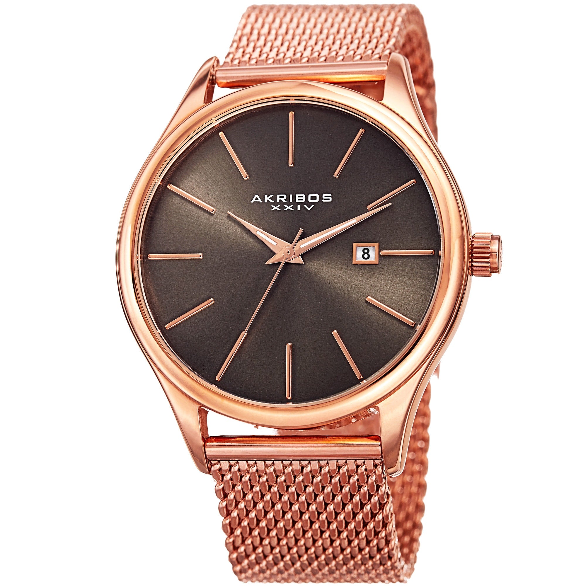 Akribos Xxiv Mens Quartz Date Stainless Steel Mesh Rose Tone Bracelet Watch