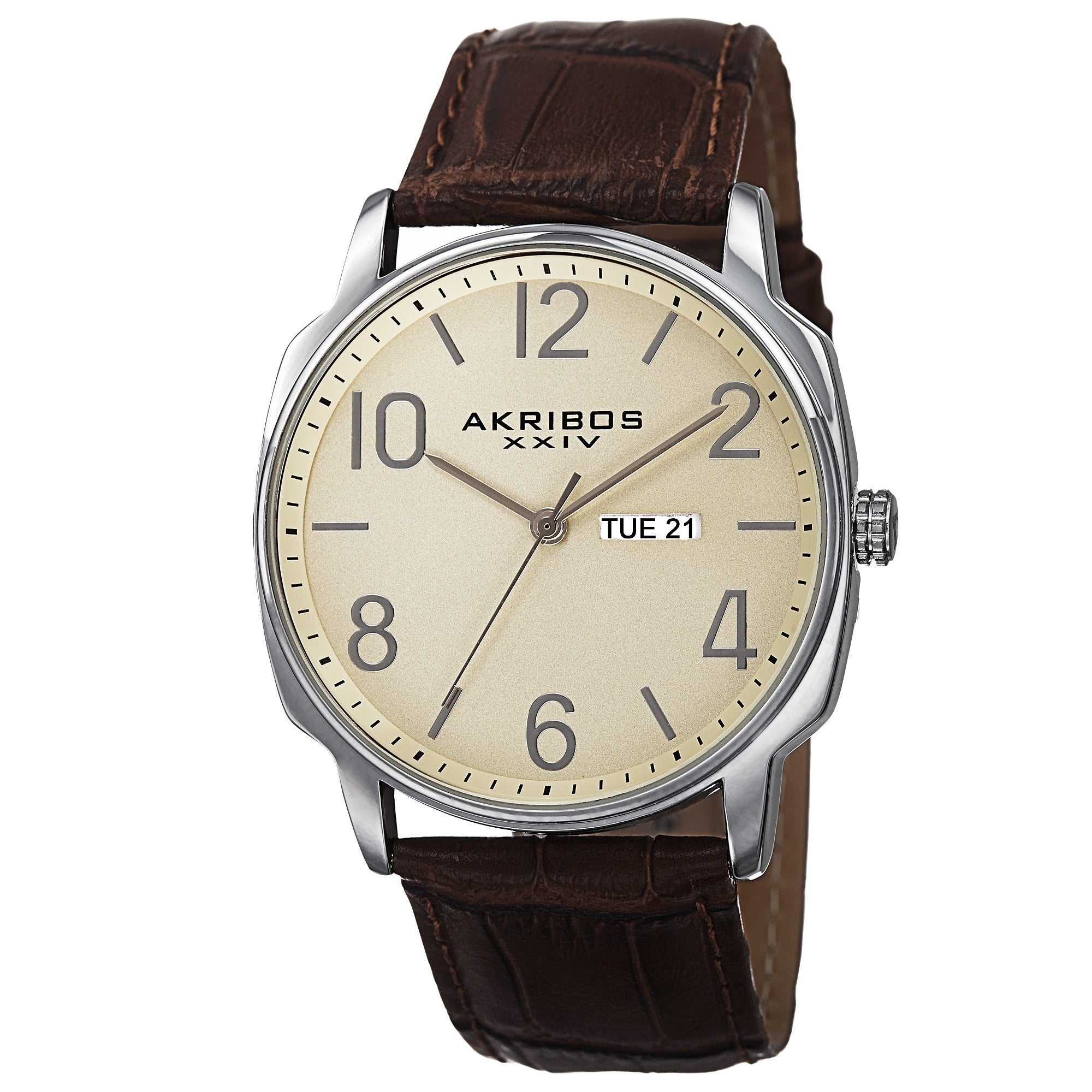 Akribos Xxiv Mens Quartz Day Date Display Leather Brown Strap Watch