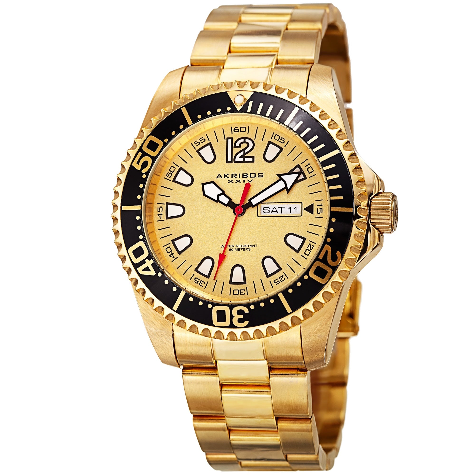 Akribos Xxiv Mens Quartz Diver Style Date Stainless Steel Gold Tone Bracelet Watch