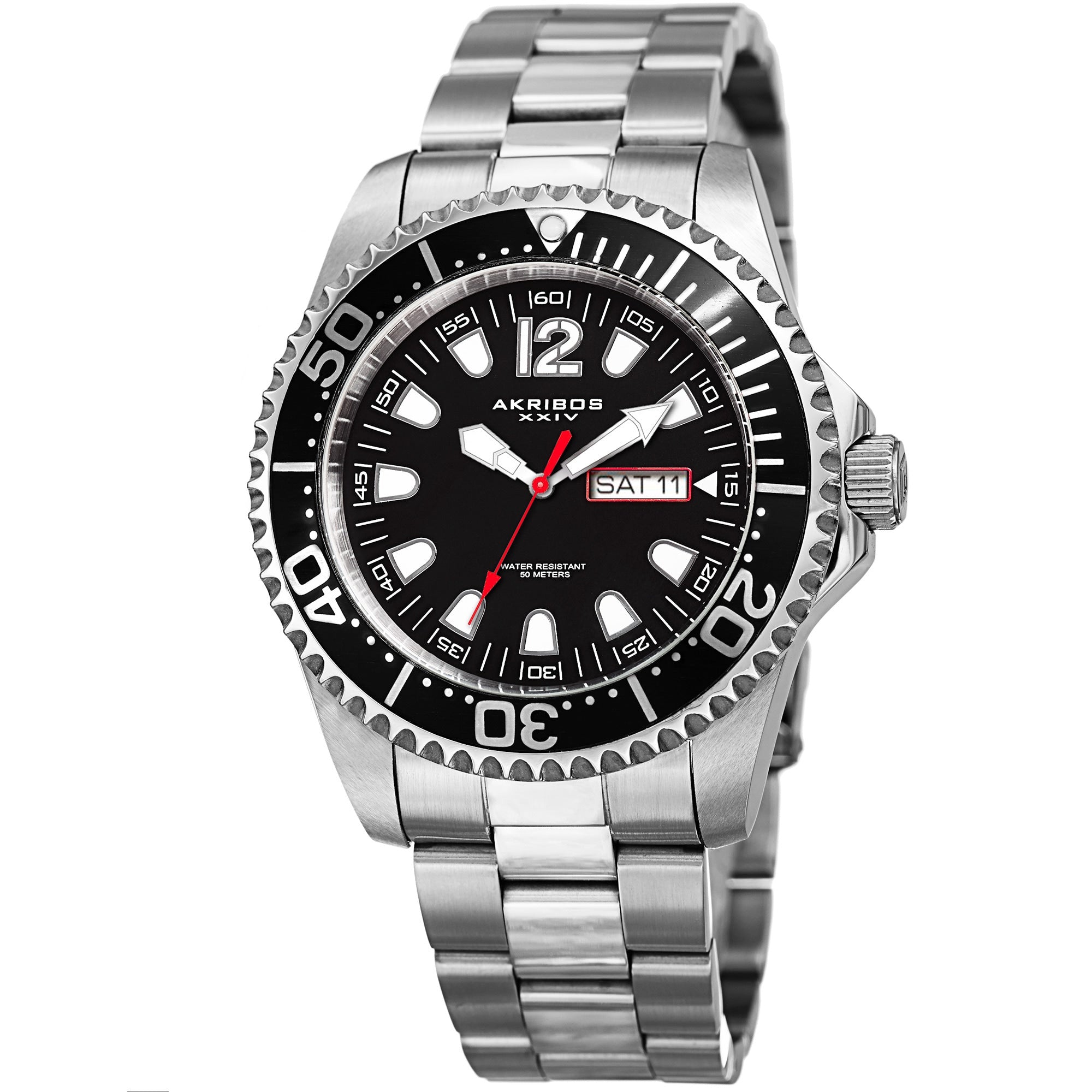 Akribos Xxiv Mens Quartz Diver Style Date Stainless Steel Silver Tone Black Bracelet Watch