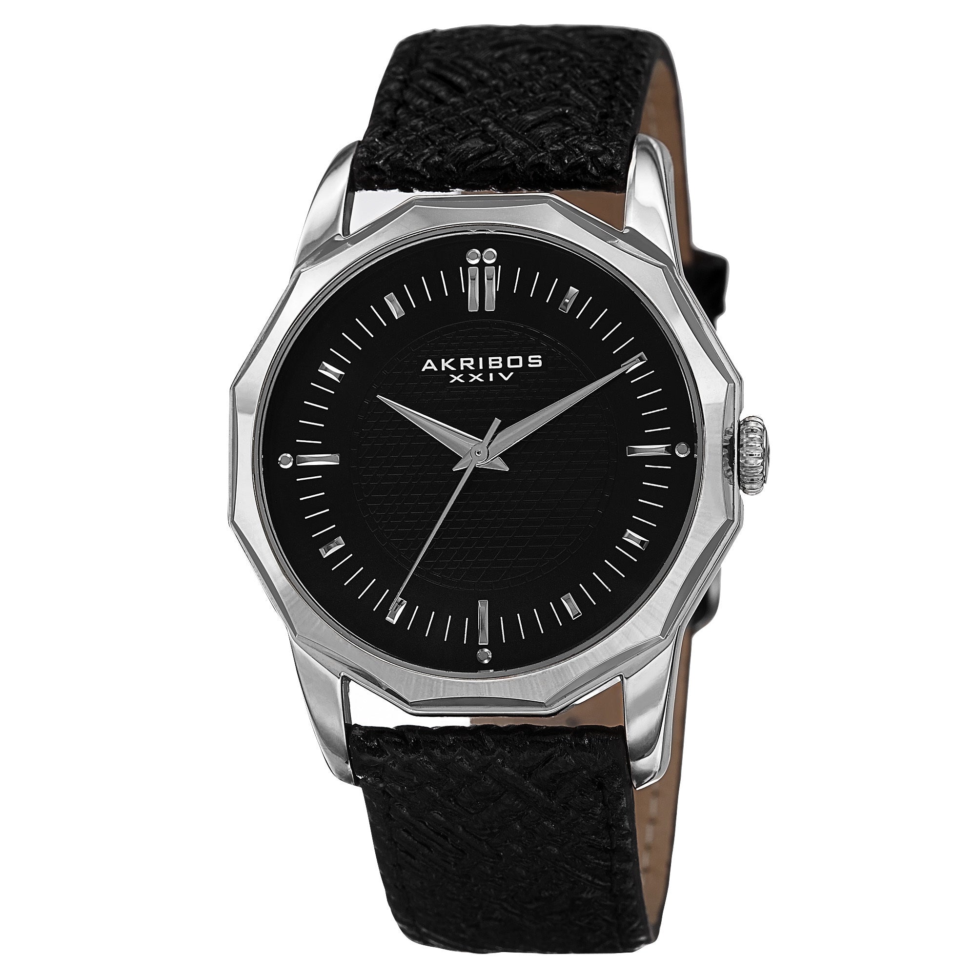 Akribos Xxiv Mens Quartz Dodecagon Shape Bezel Leather Silver Tone Strap Watch Silver