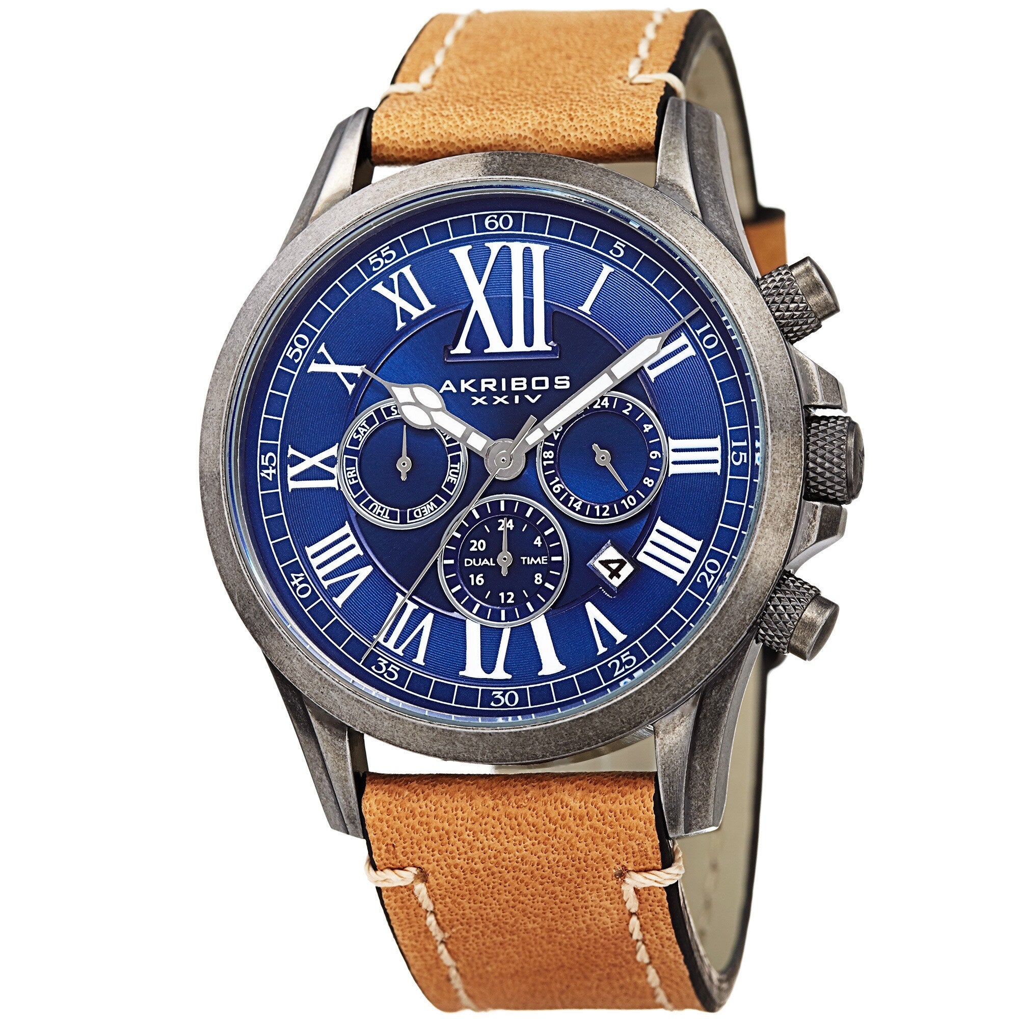 Akribos Xxiv Mens Quartz Dual Time Multifunctional Leather Silver Tone Strap Watch Blue