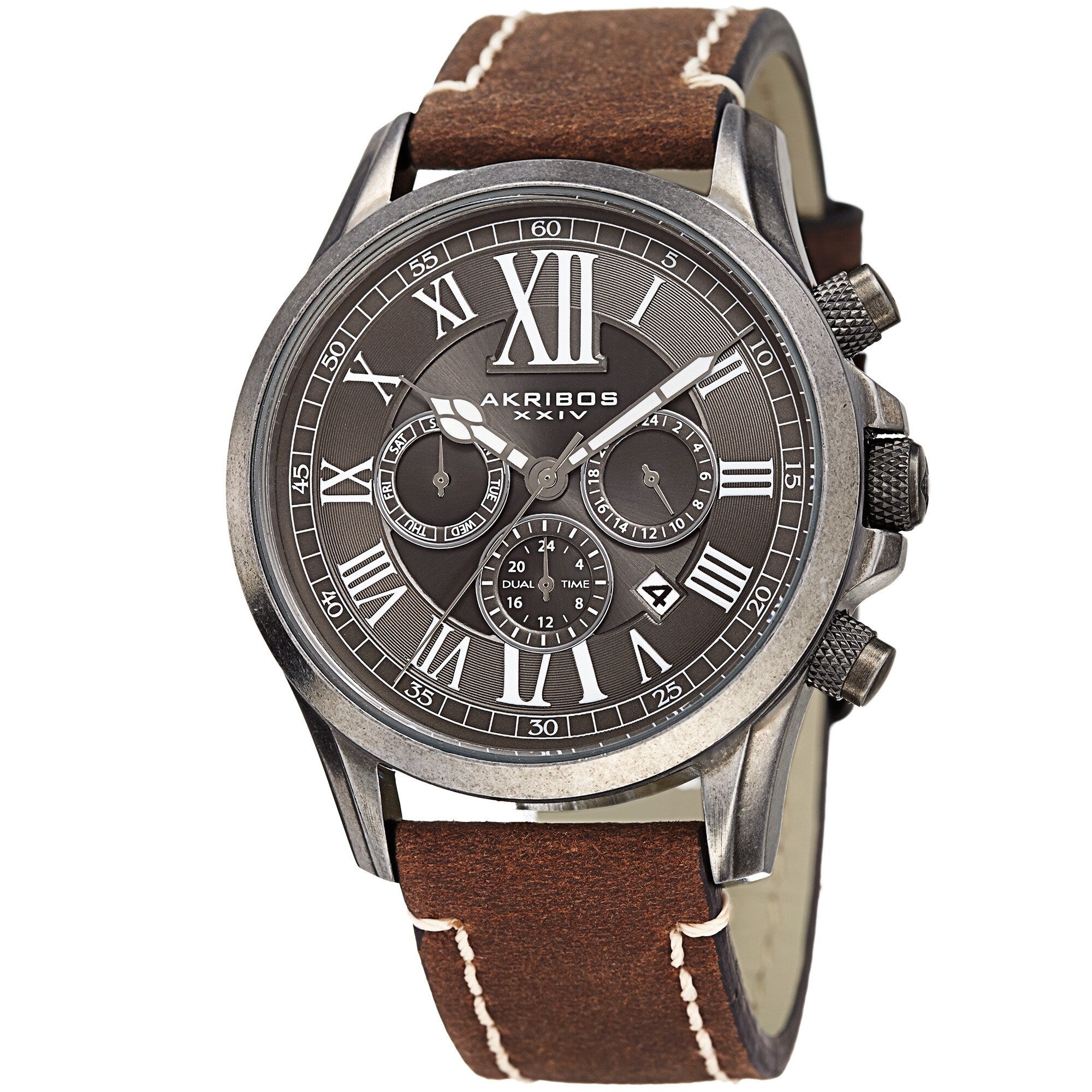 Akribos Xxiv Mens Quartz Dual Time Multifunctional Leather Silver Tone Strap Watch Brown
