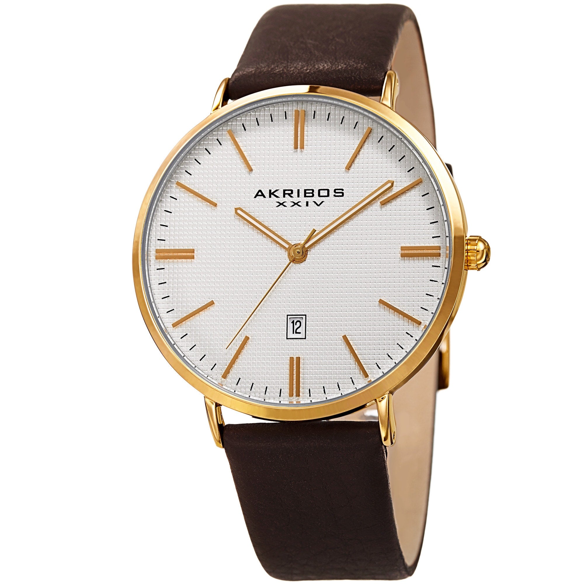 Akribos Xxiv Mens Quartz Easy To Read Date Leather Gold Tone Strap Watch