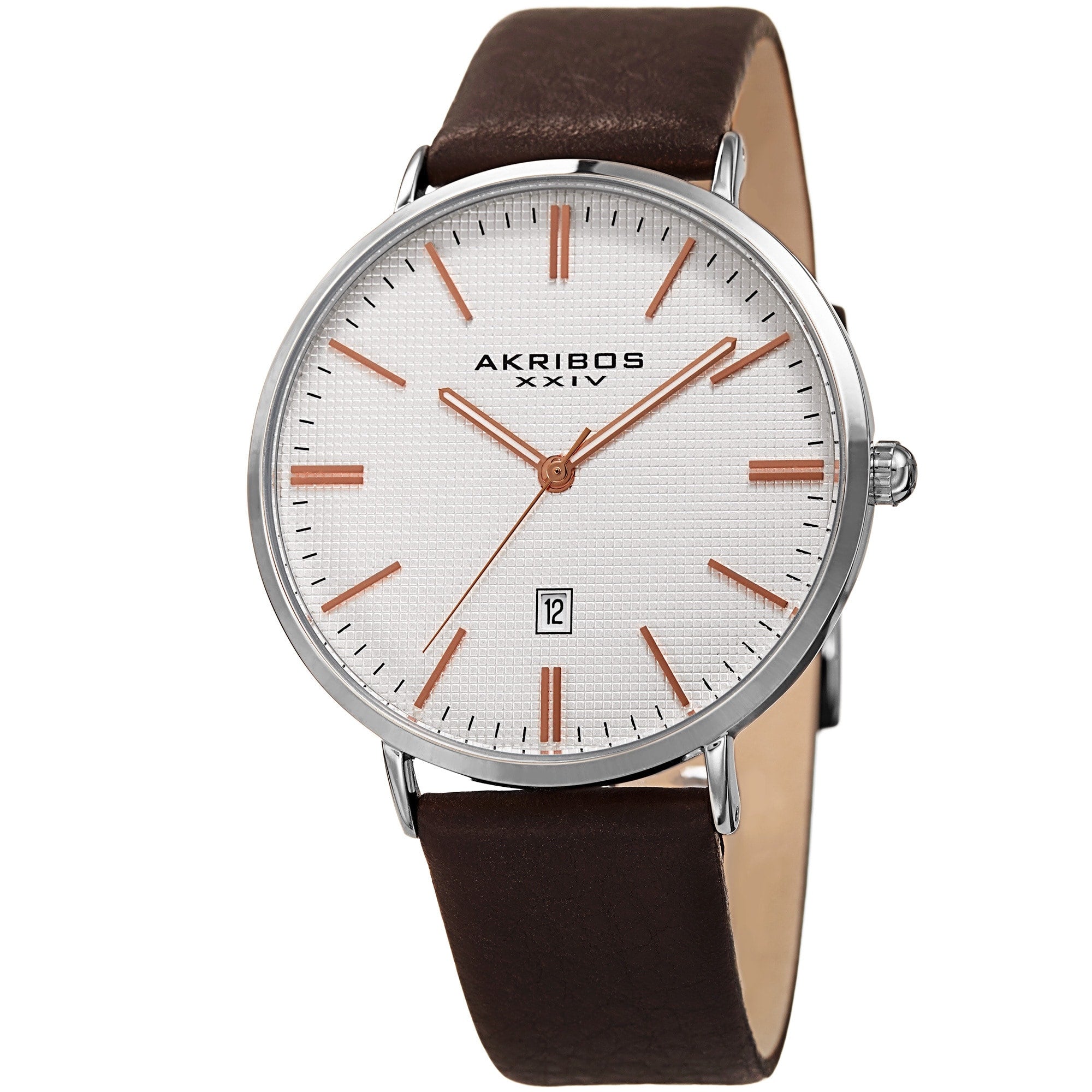 Akribos Xxiv Mens Quartz Easy To Read Date Leather Silver Tone Strap Watch