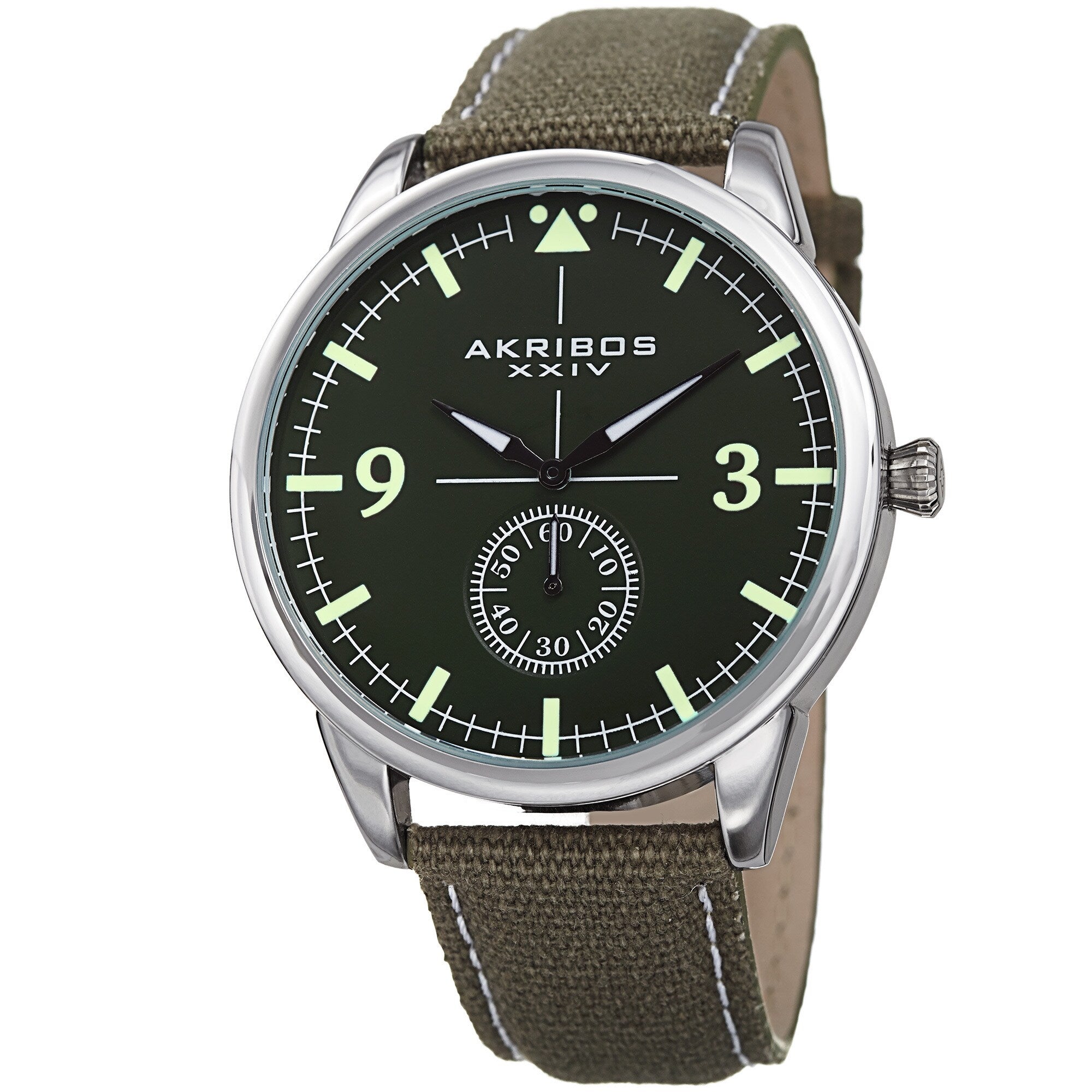 Akribos Xxiv Mens Quartz Green Canvas Leather Strap Watch