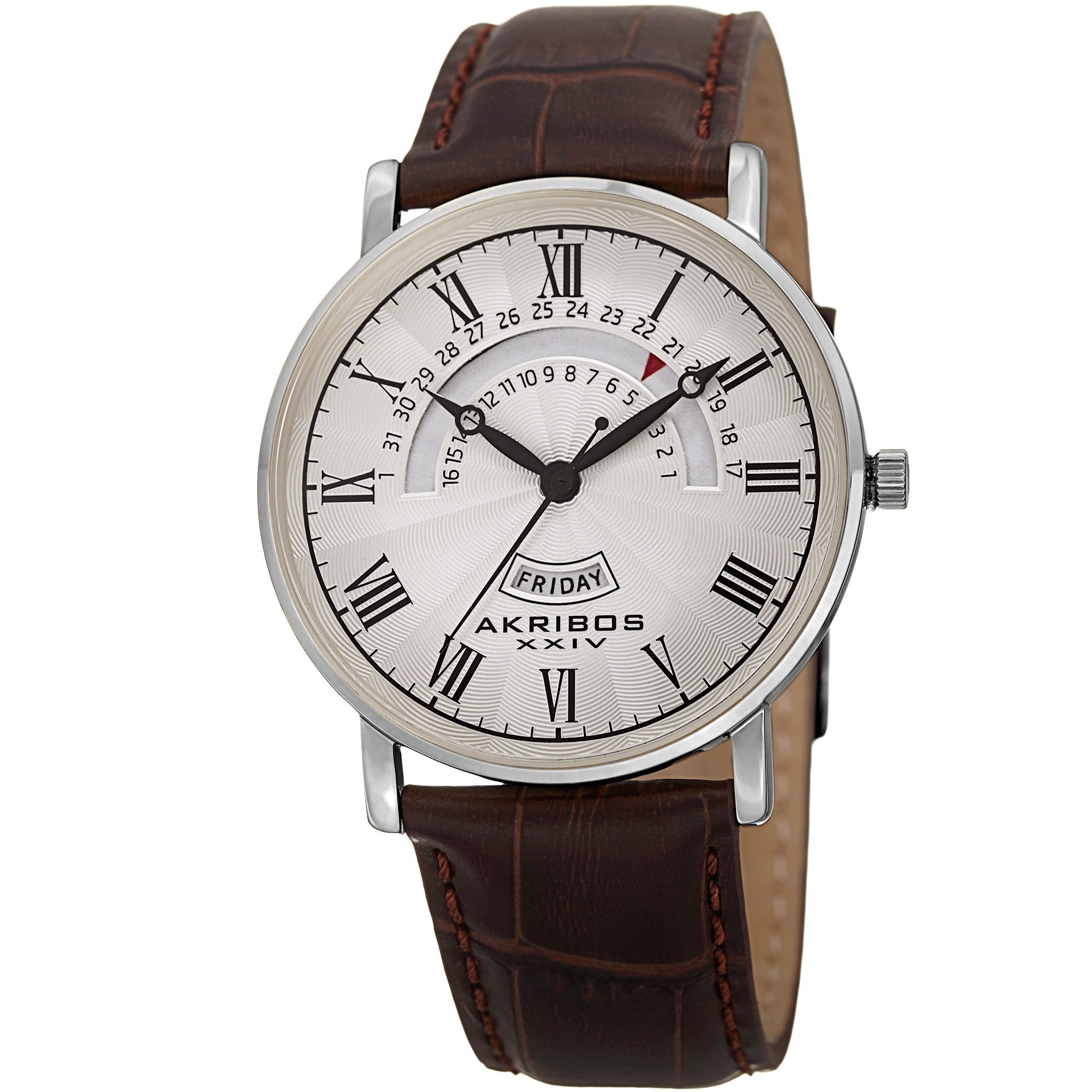 Akribos Xxiv Mens Quartz Retrograde Date Day Leather Silver Tone Strap Watch Brown