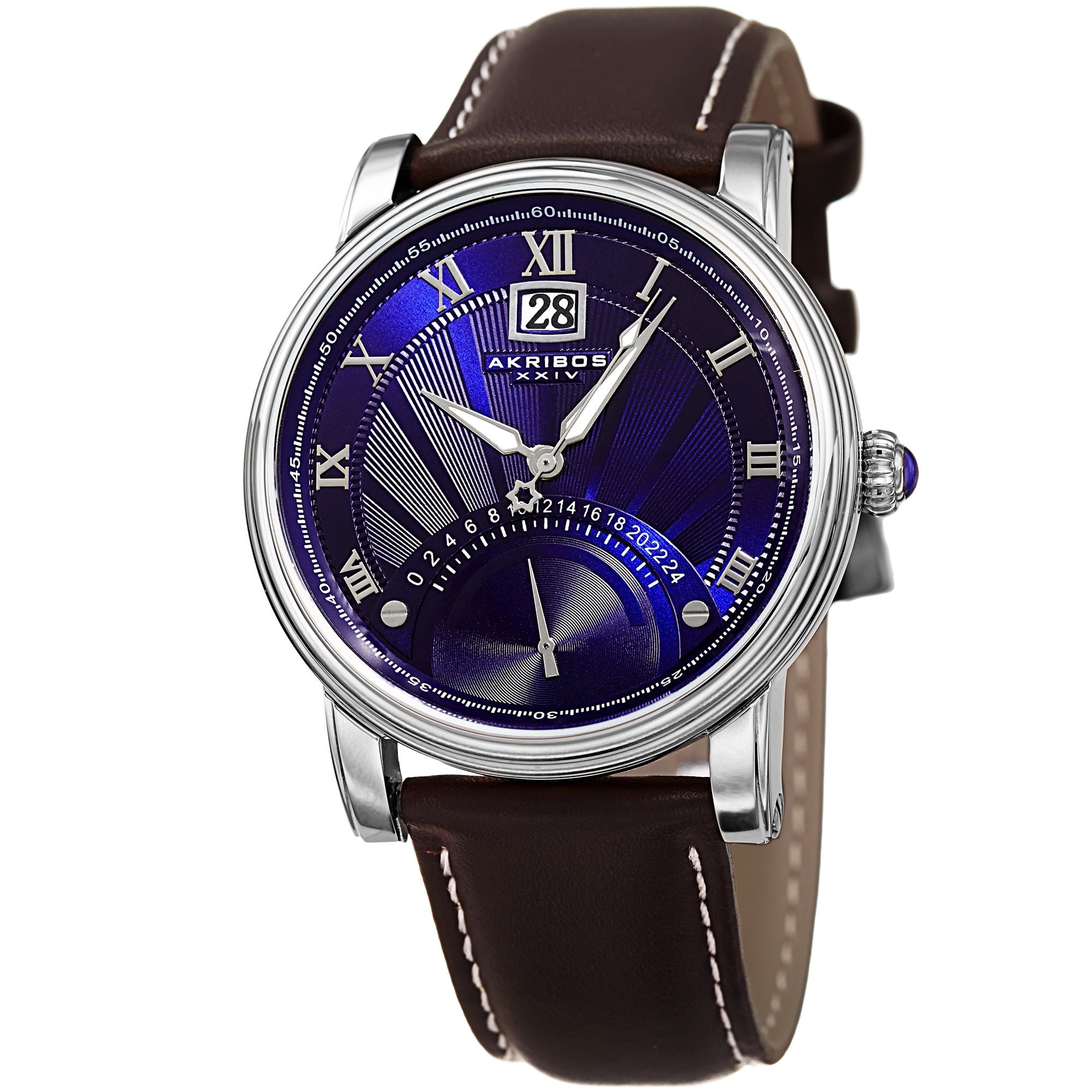 Akribos Xxiv Mens Quartz Retrograde Dual Time Blue Leather Strap Watch