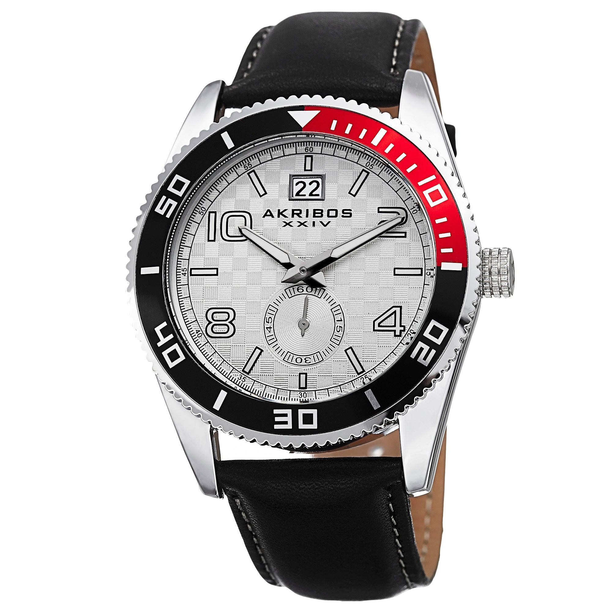 Akribos Xxiv Mens Quartz Rotating Bezel Leather Silver Tone Strap Watch Silver