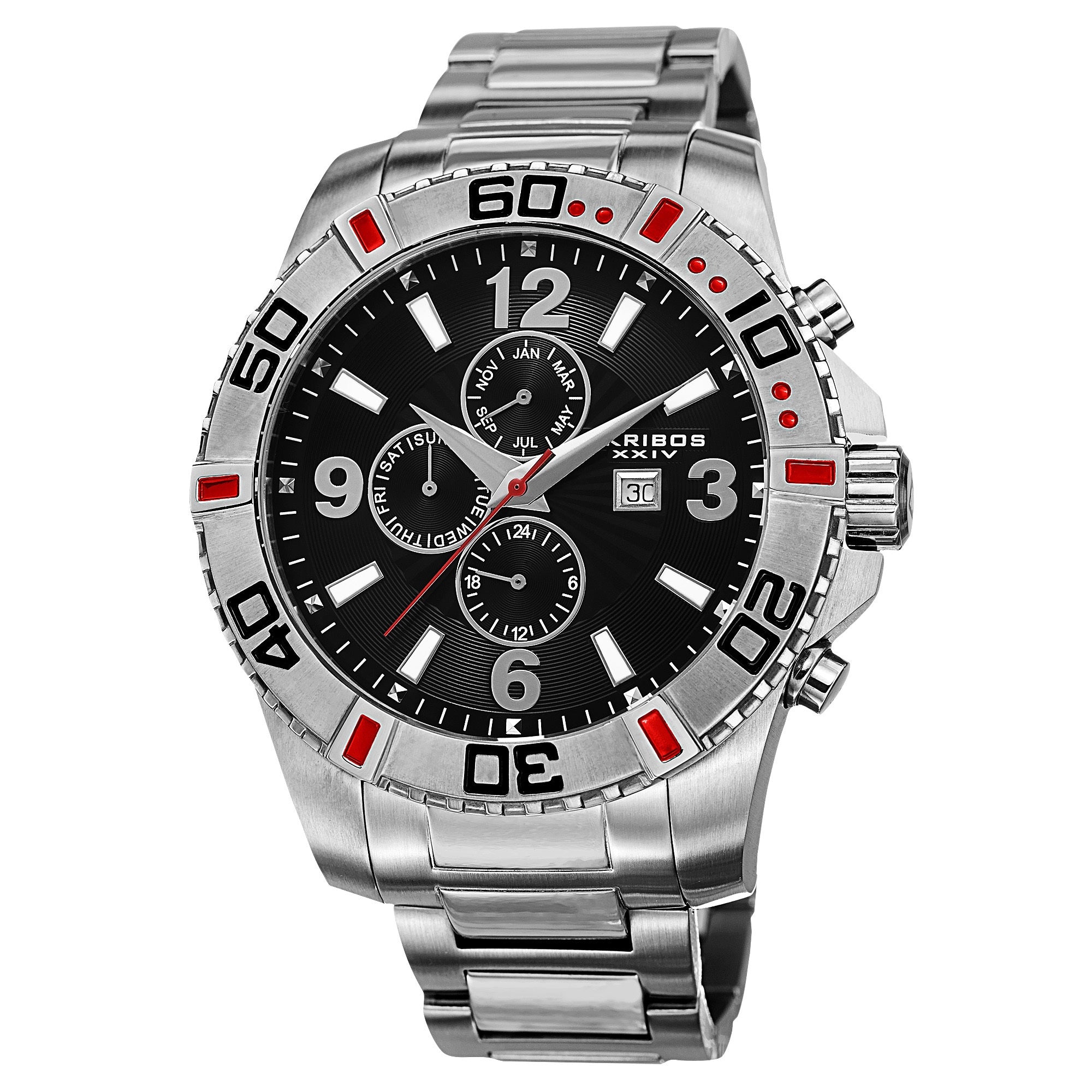 Akribos Xxiv Mens Quartz Stainless Steel Multifunction Dual Time Silver Tone Bracelet Watch