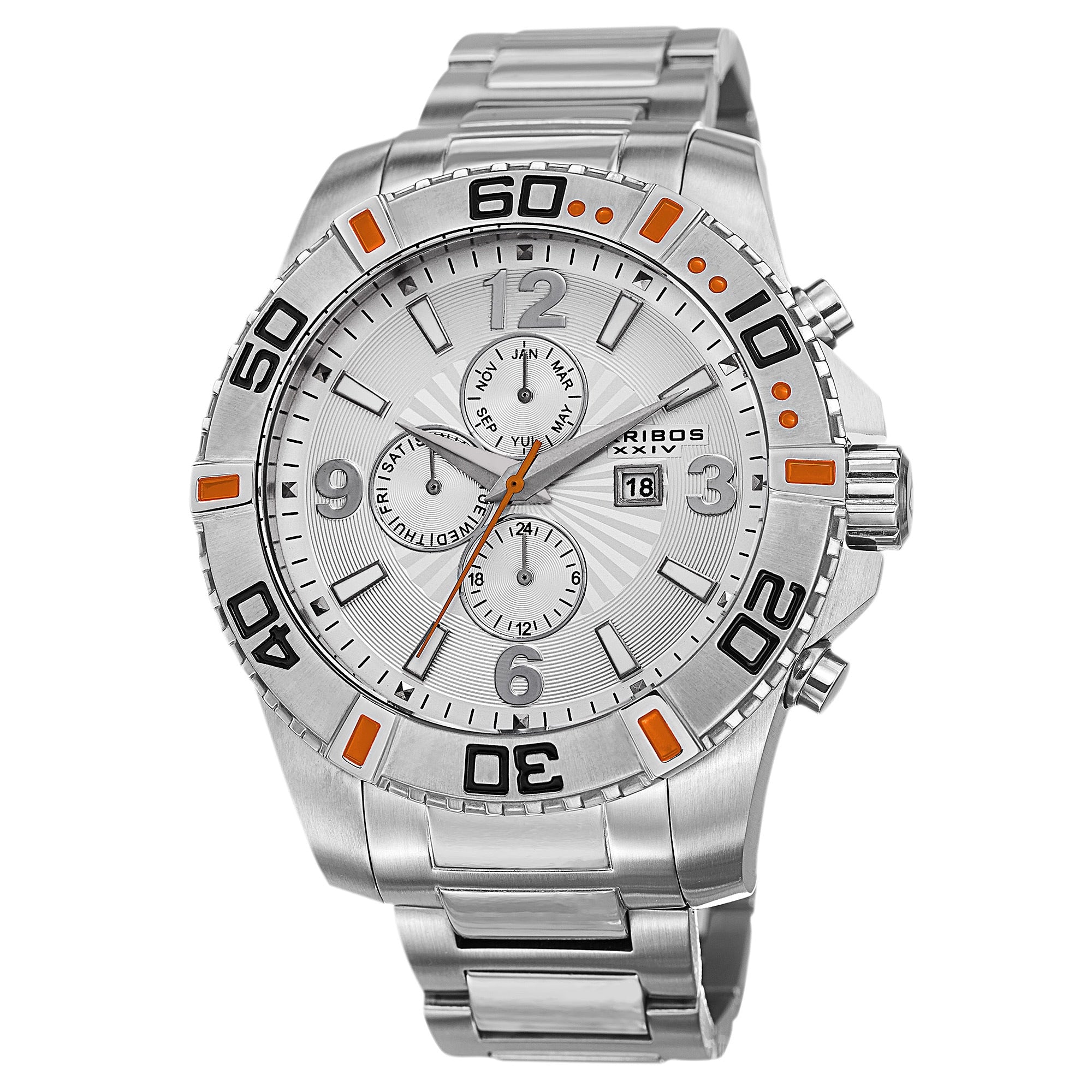 Akribos Xxiv Mens Quartz Stainless Steel Multifunction Dual Time Silver Tone Bracelet Watch