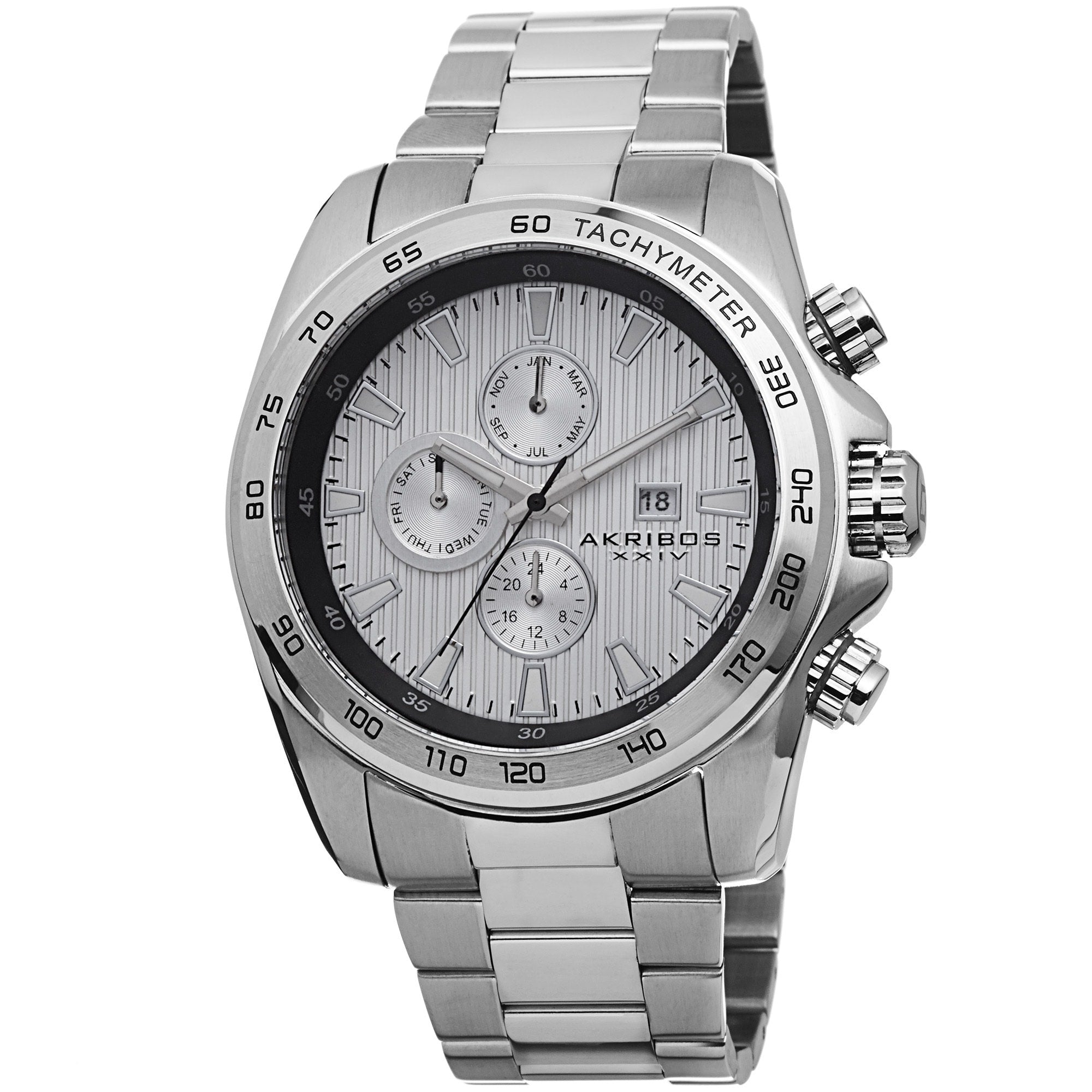 Akribos Xxiv Mens Quartz Stainless Steel Tachymeter Silver Tone Bracelet Watch