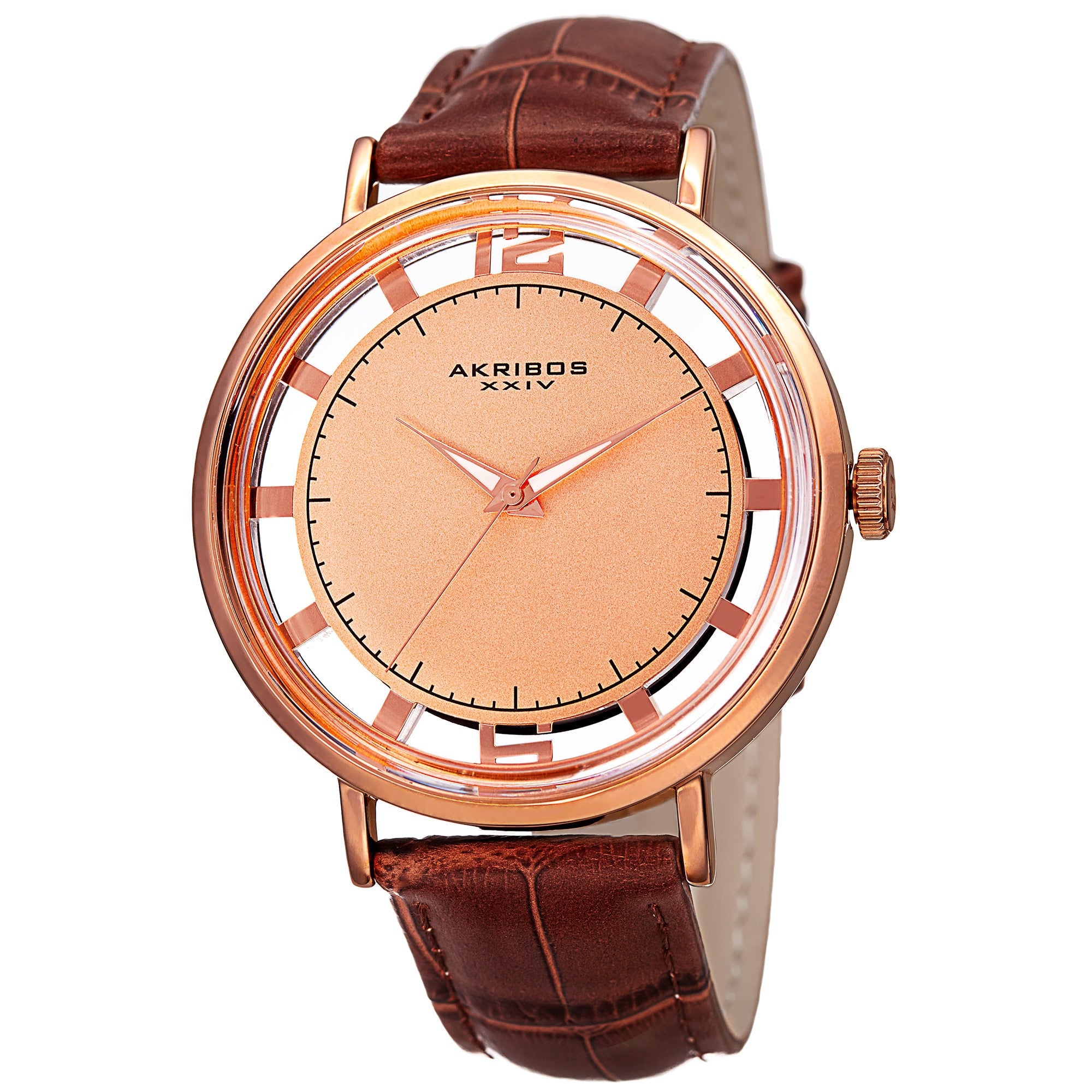 Akribos Xxiv Mens Quartz Transparent Dial Leather Rose Tone Strap Watch Brown