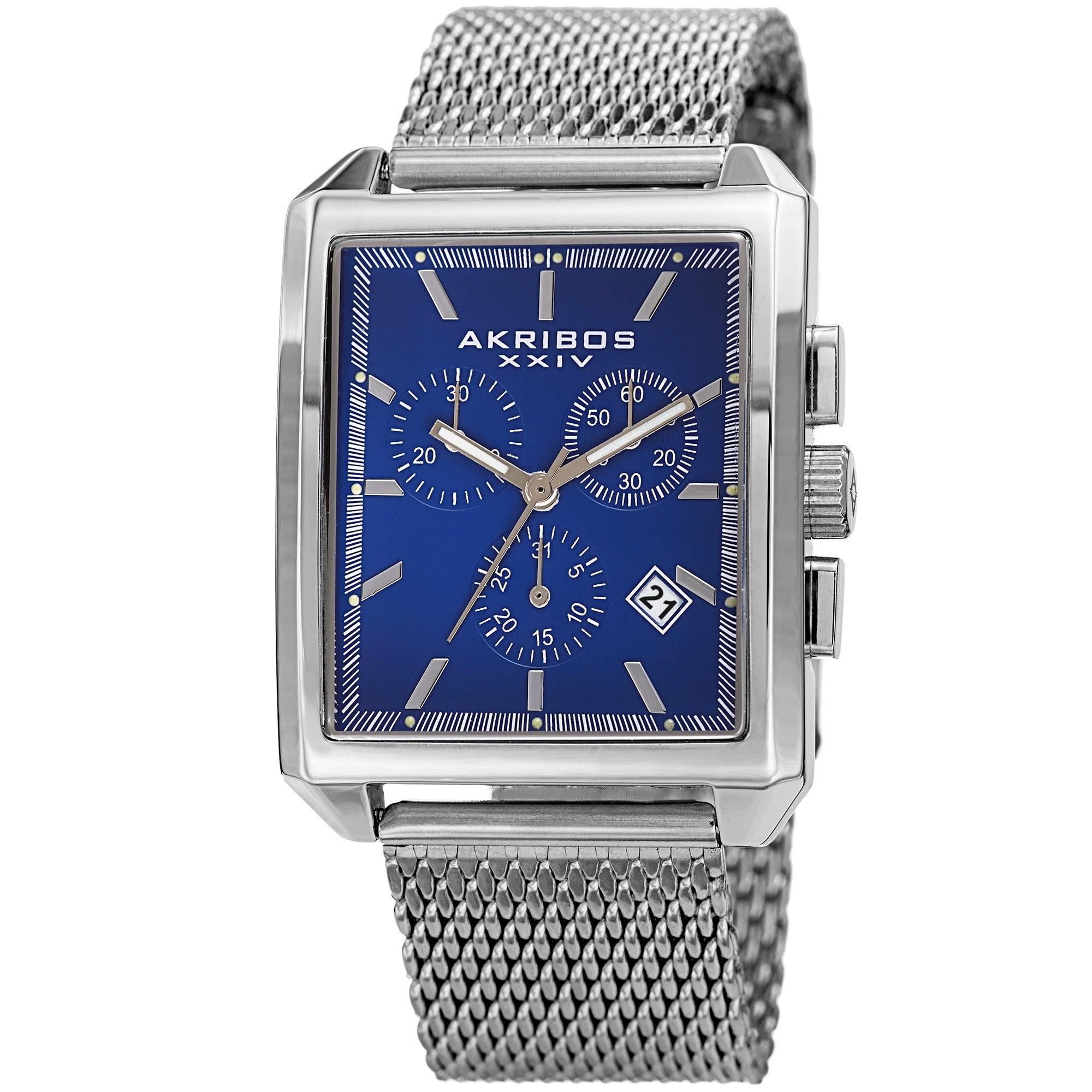 Akribos Xxiv Mens Rectangular Chronograph Date Silver Tone Blue Bracelet Watch