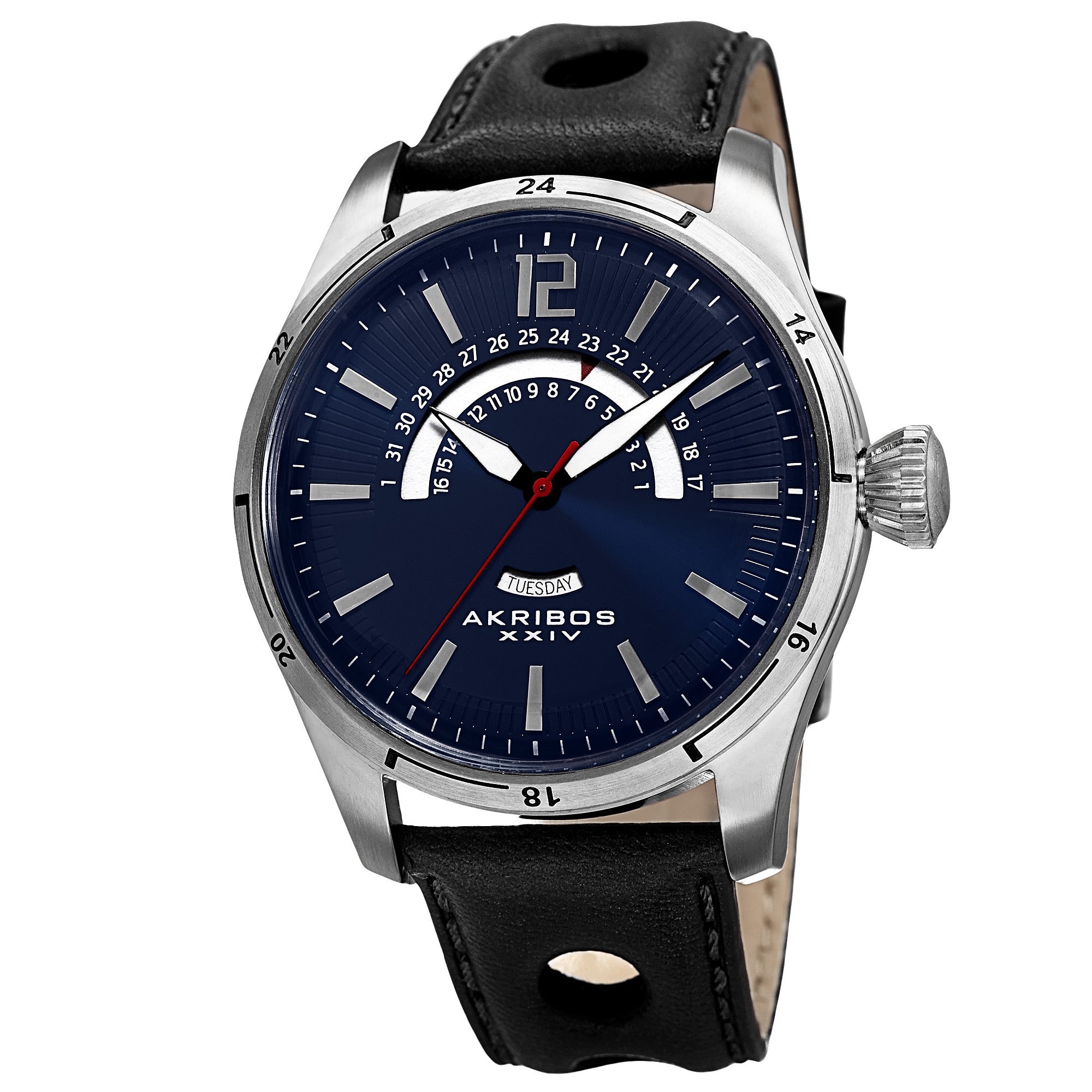Akribos Xxiv Mens Retrograde Multifunction Leather Blue Strap Watch