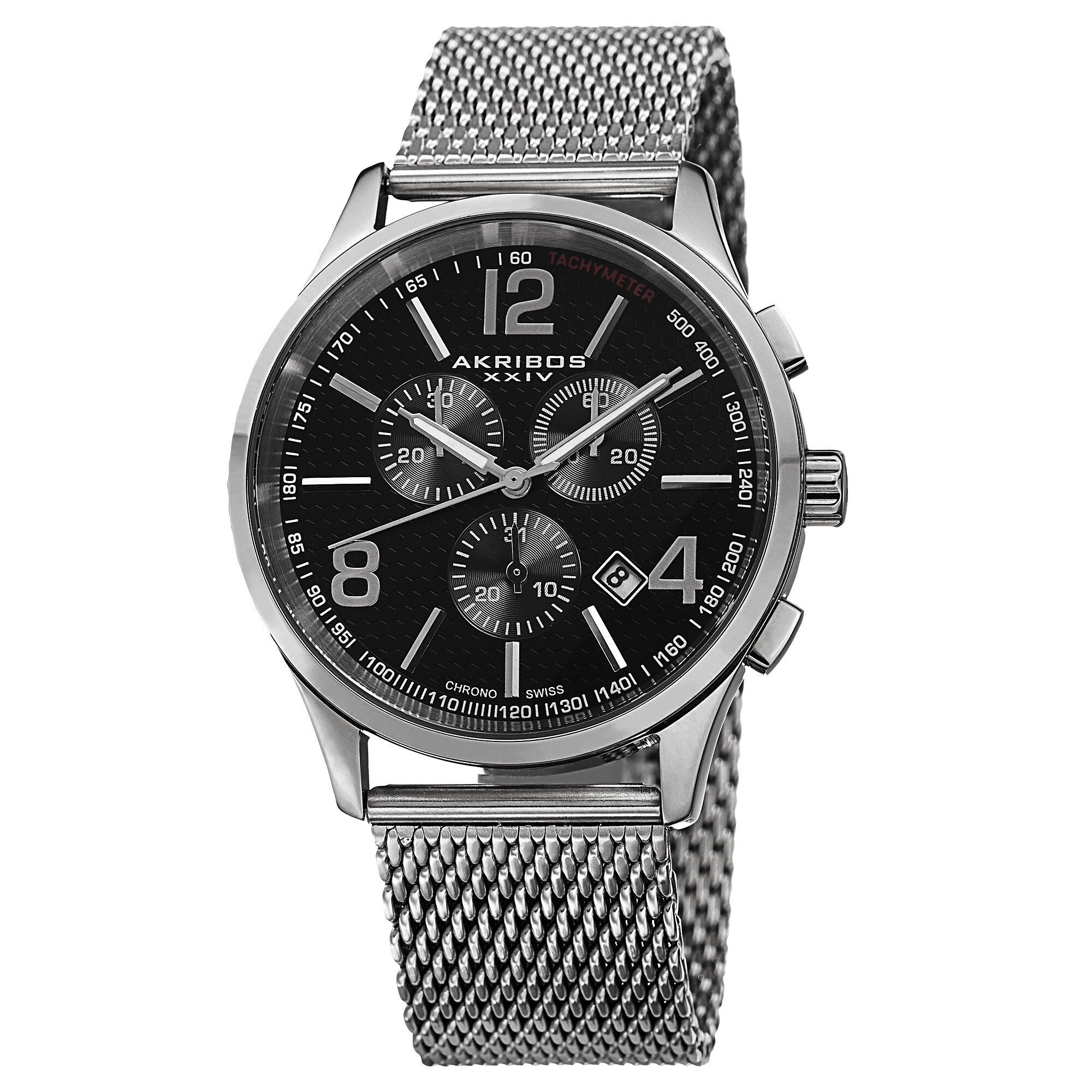 Akribos Xxiv Mens Swiss Quartz Chronograph Stainless Steel Mesh Silver Tone Bracelet Watch
