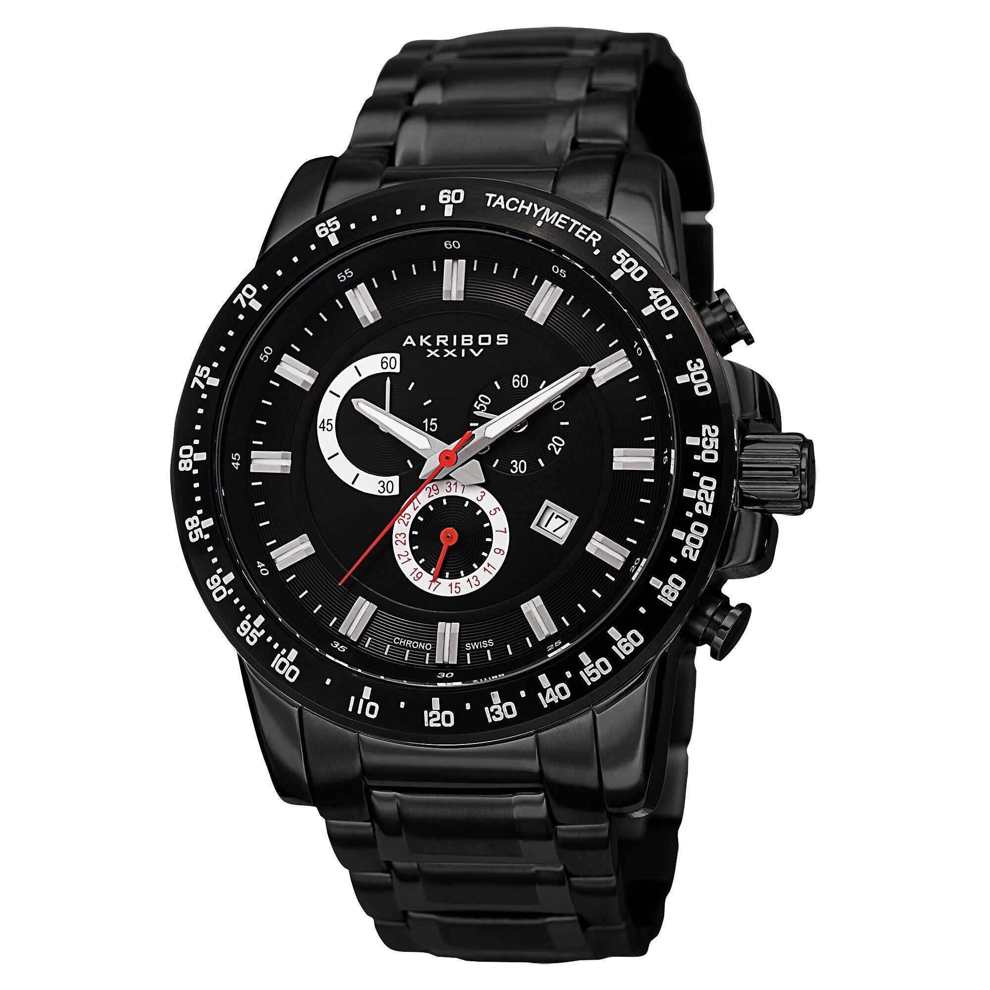 Akribos Xxiv Mens Swiss Quartz Chronograph Tachymeter Stainless Steel Black Bracelet Watch